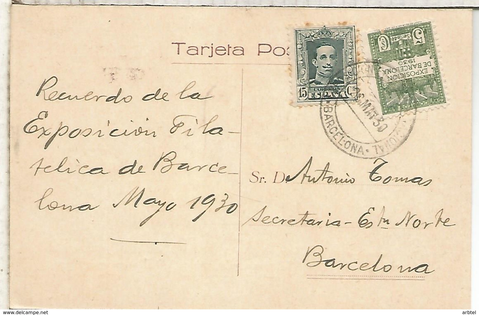 TARJETA CON MAT EXPOSICION FILATELICA NACIONAL 1930 BARCELONA - Cartas & Documentos