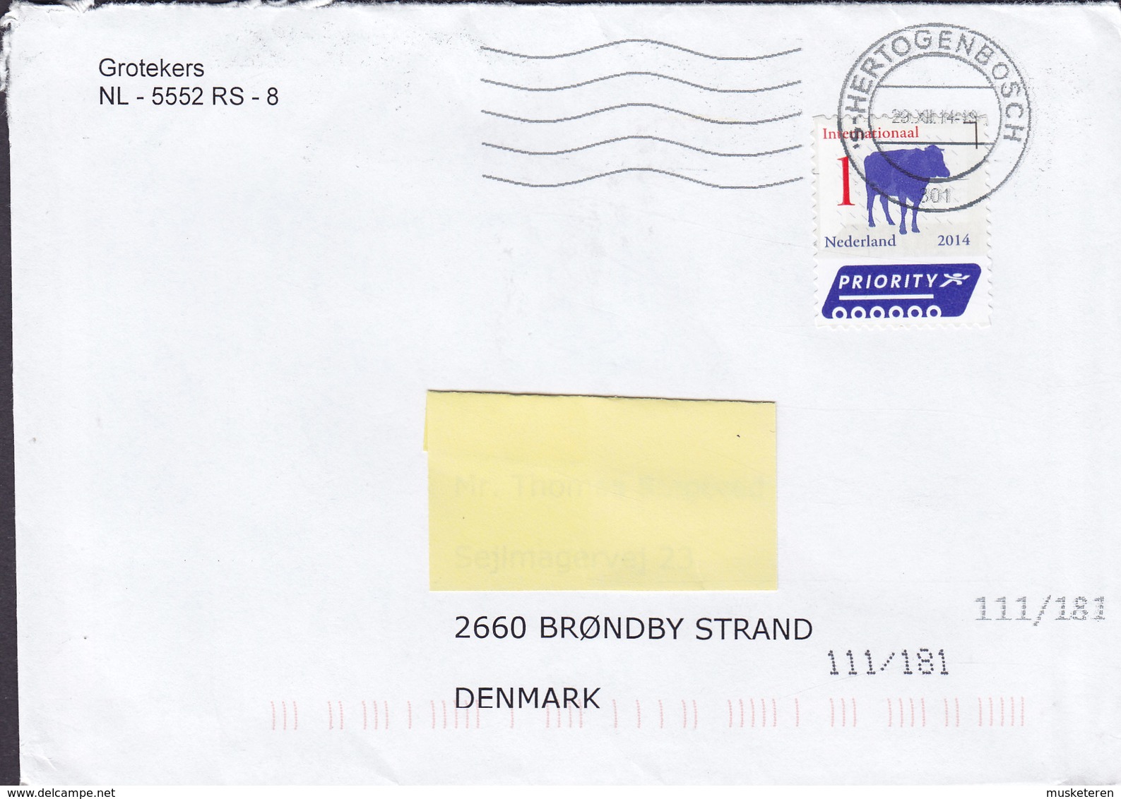 Netherlands PRIORITY Label 's-HERTOGENBOSCH 2014 Cover Brief BRØNDBY STRAND Denmark Cow Kuh Cattle Stamp - Cartas