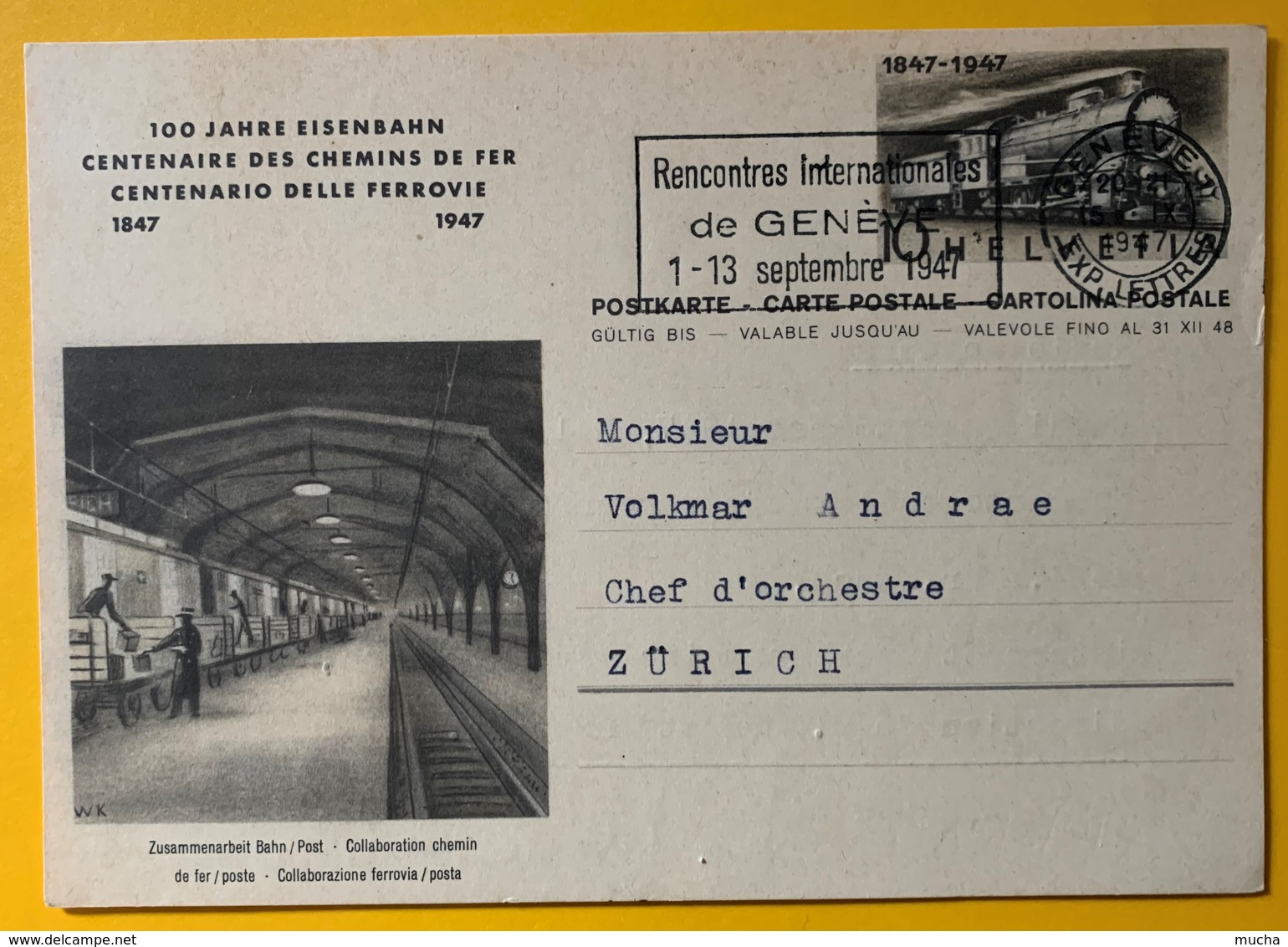 9454 - Centenaire Des Chemins De Fer 1847-1947 Genève 15.09.1947 - Entiers Postaux