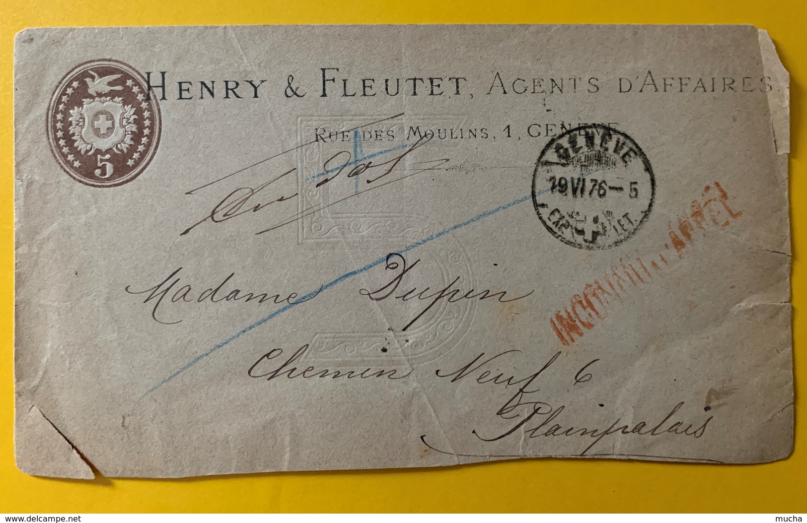 9461 - Entier Privé Henry & Fleutet Agents D'affaires  Lettre 5 Ct Brun Genève 19.06.1876 Mention Iconnu à Lâppel - Entiers Postaux