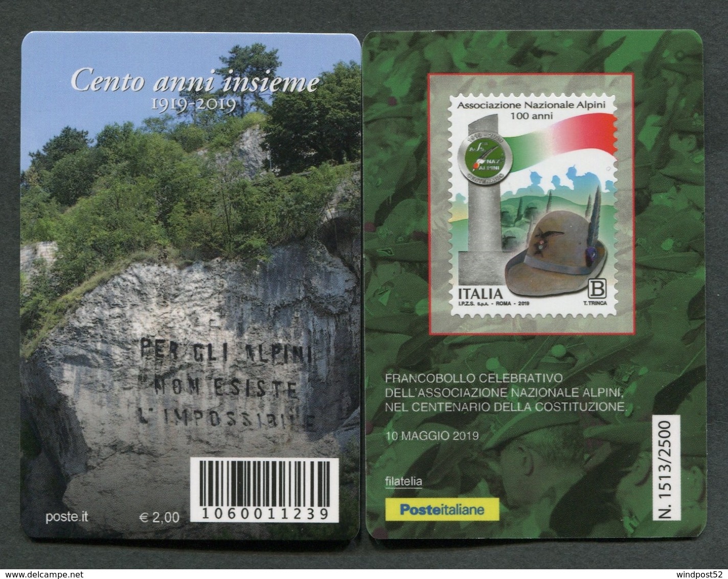 ITALIA 2019 - TESSERA FILATELICA - ANNIVERSARIO COSTITUZIONE ASSOCIAZIONE NAZIONALE ALPINI - MNH**- 590 - Philatelic Cards