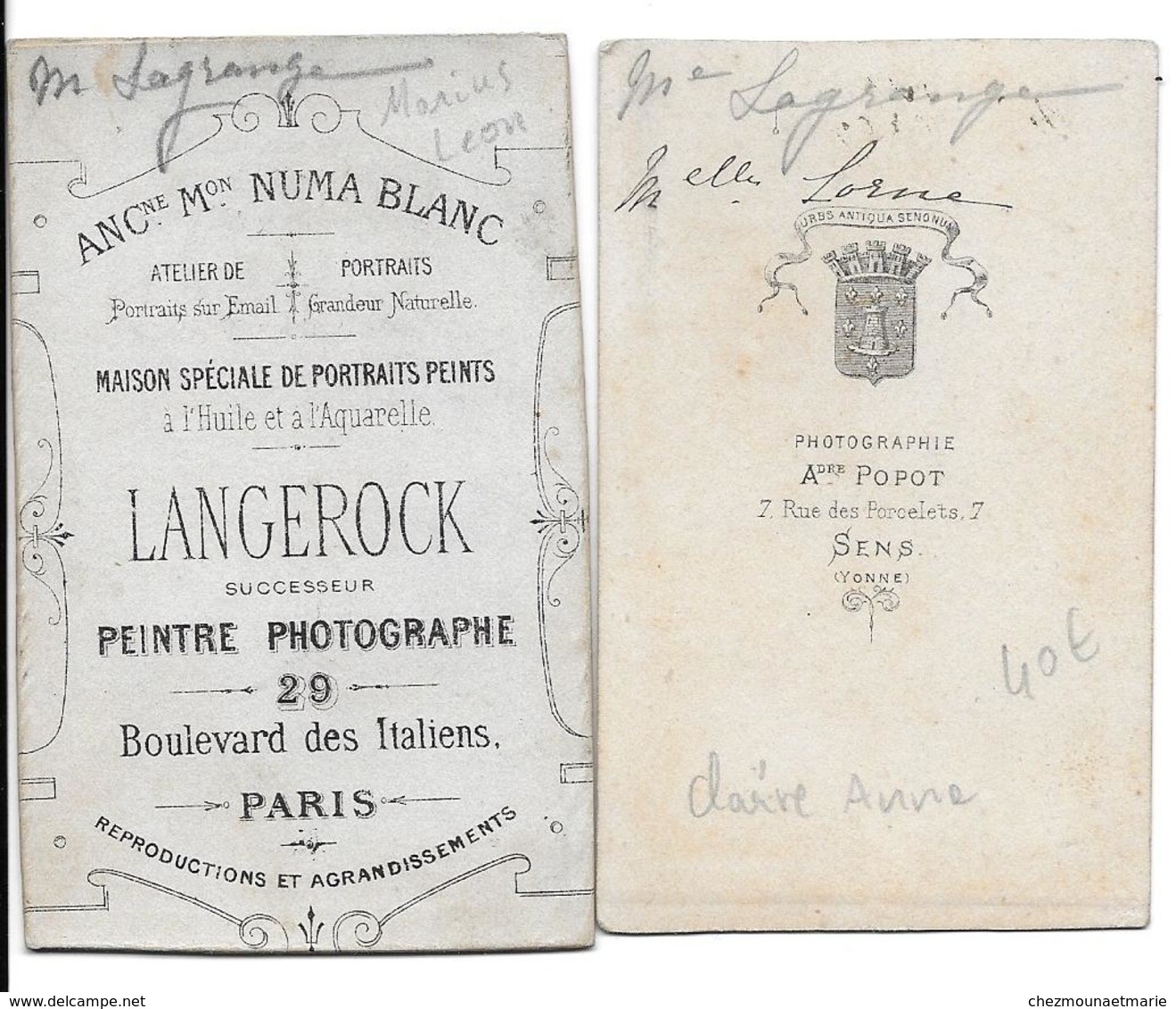 M ET MME LAGRANGE NEE LORNE - CDV PHOTO POPOT SENS LANGEROCK PARIS - LOT DE 2 - Personnes Identifiées