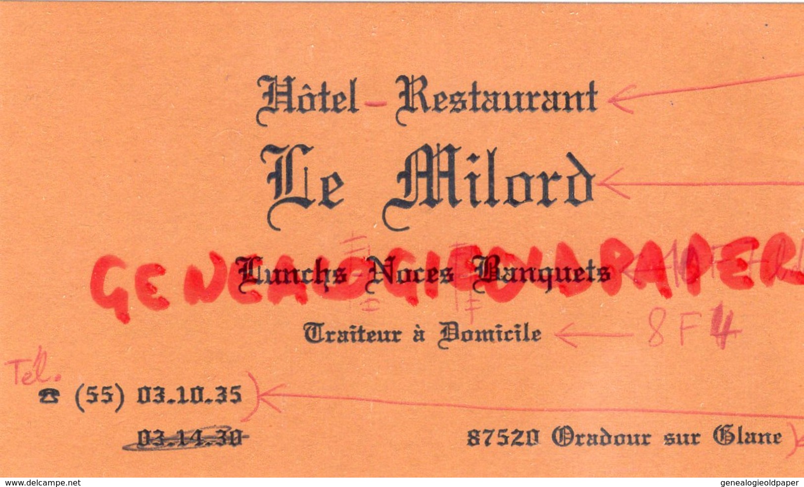 87 - ORADOUR SUR GLANE- RARE CARTE PUB HOTEL RESTAURANT LE MILORD - Advertising