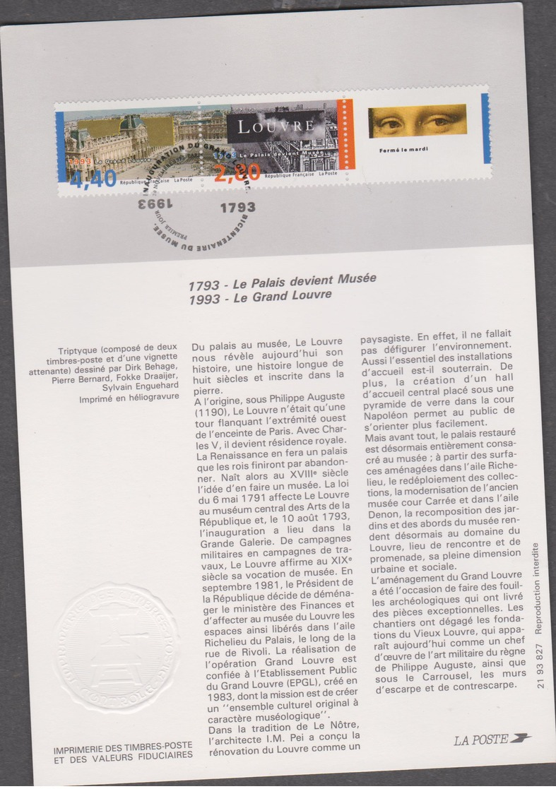 FRANCE 1 Notice Premier Jour De La Poste N°YT Diptyque 2852A Avec Vignette - 20 Nov 1993  Bicentenaire Musée Du Louvre - Révolution Française