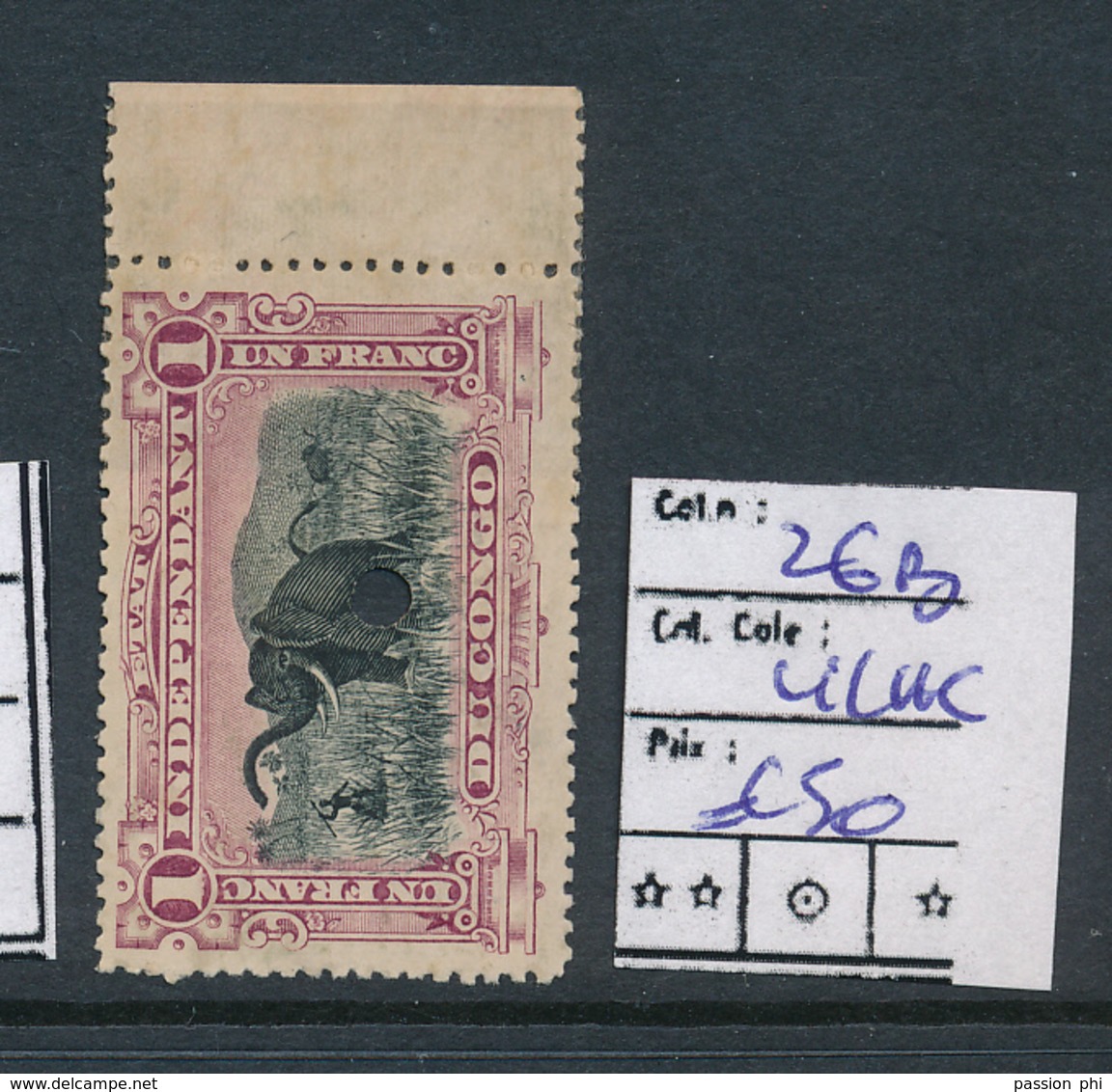 BELGIAN CONGO FILE COPY COB 26B LILAC ELEPHANT MINT NO GUM AND DEMONETIZED HOLE - Neufs