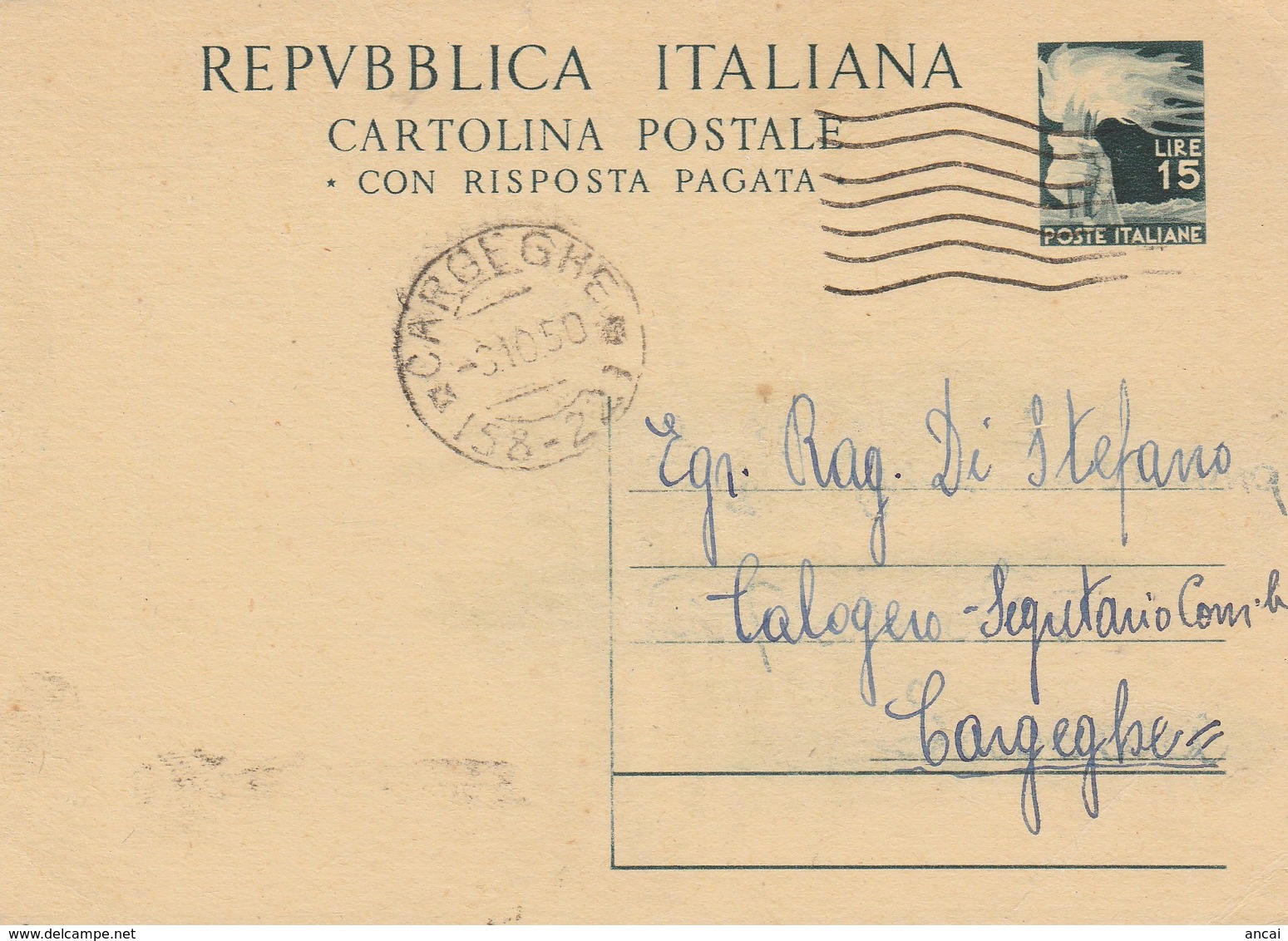 Cargheghe. 1950. Annullo Frazionario ( 58 - 22), Su Cartolina Postale Democratica L. 15 - 1946-60: Storia Postale