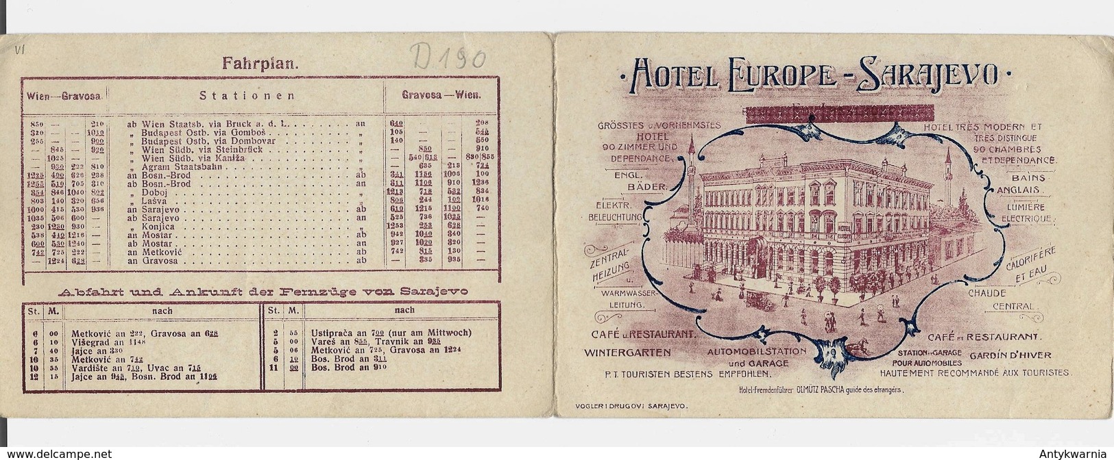 Sarajevo Hotel Europe Advertisement  Map Ca. 1910y. BIG  295 X 102 Mm.  D190 - Bosnia And Herzegovina