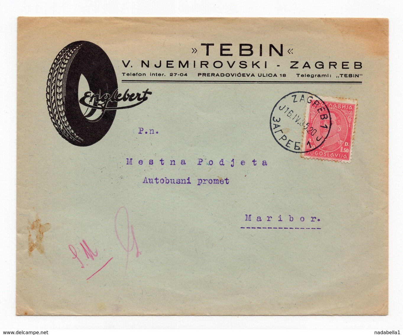 1935 YUGOSLAVIA,CROATIA,ZAGREB TO MARIBOR,TEBIN,V.NJEMIROVSKI,COMPANY'S HEAD COVER,CAR TYRE - Briefe U. Dokumente