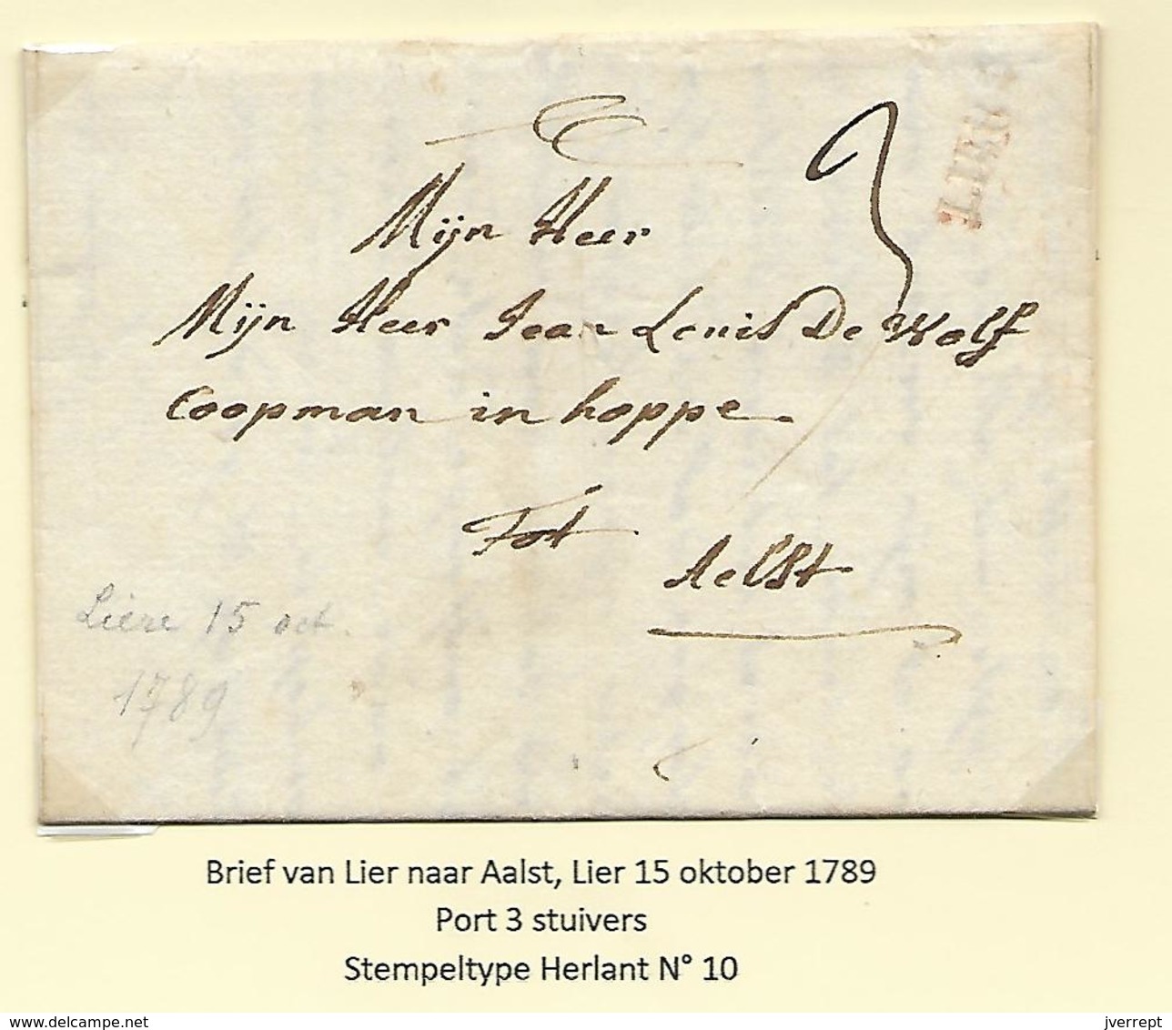 België Lier  Voorloper 15 Okt  1789  Port 3 Stuivers  Herlant 10 - 1789-1790 (Rivol. Brabanzona)