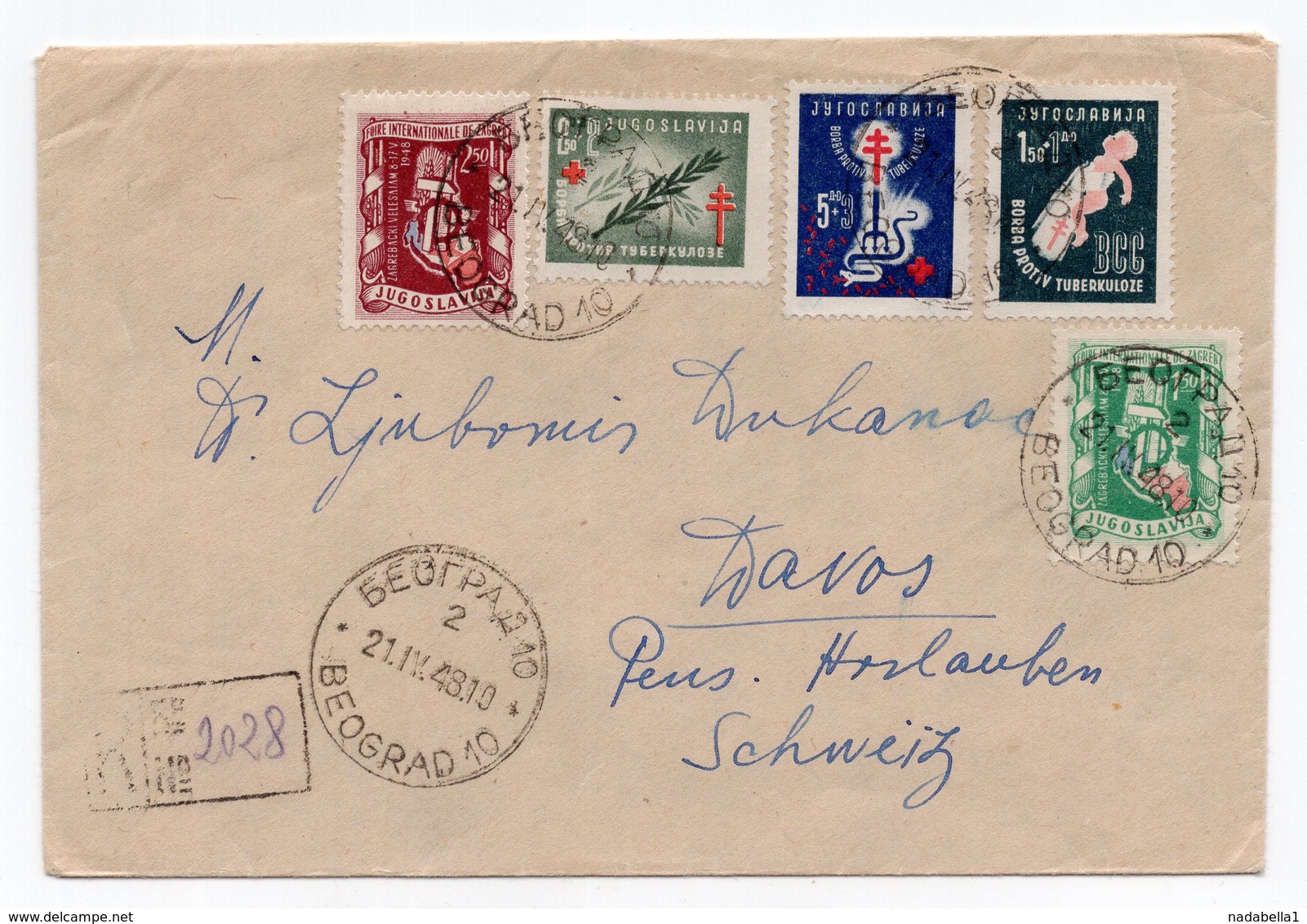 21.04.1948 YUGOSLAVIA,SERBIA,BELGRADE,DAVOS,SWITZERLAND,BCG AND TUBERCULOSIS STAMPS,2 ZAGREB FAIR VELESAJAM,RECORDED - Covers & Documents