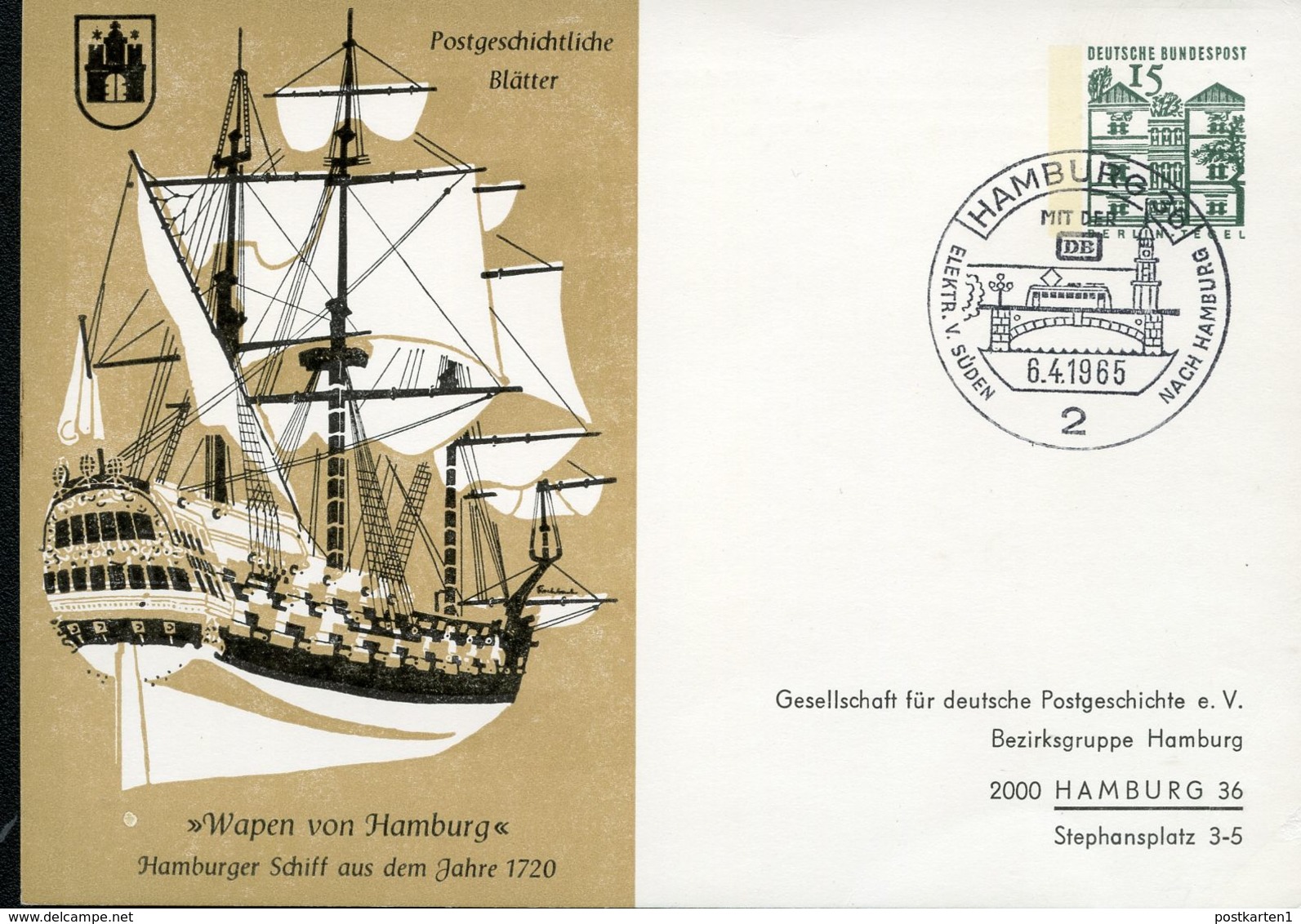 Bund PP34 B2/003-II SCHIFF "WAPEN VON HAMBURG" 1720  Sost 1965  NGK 6,00 € - Privatpostkarten - Gebraucht