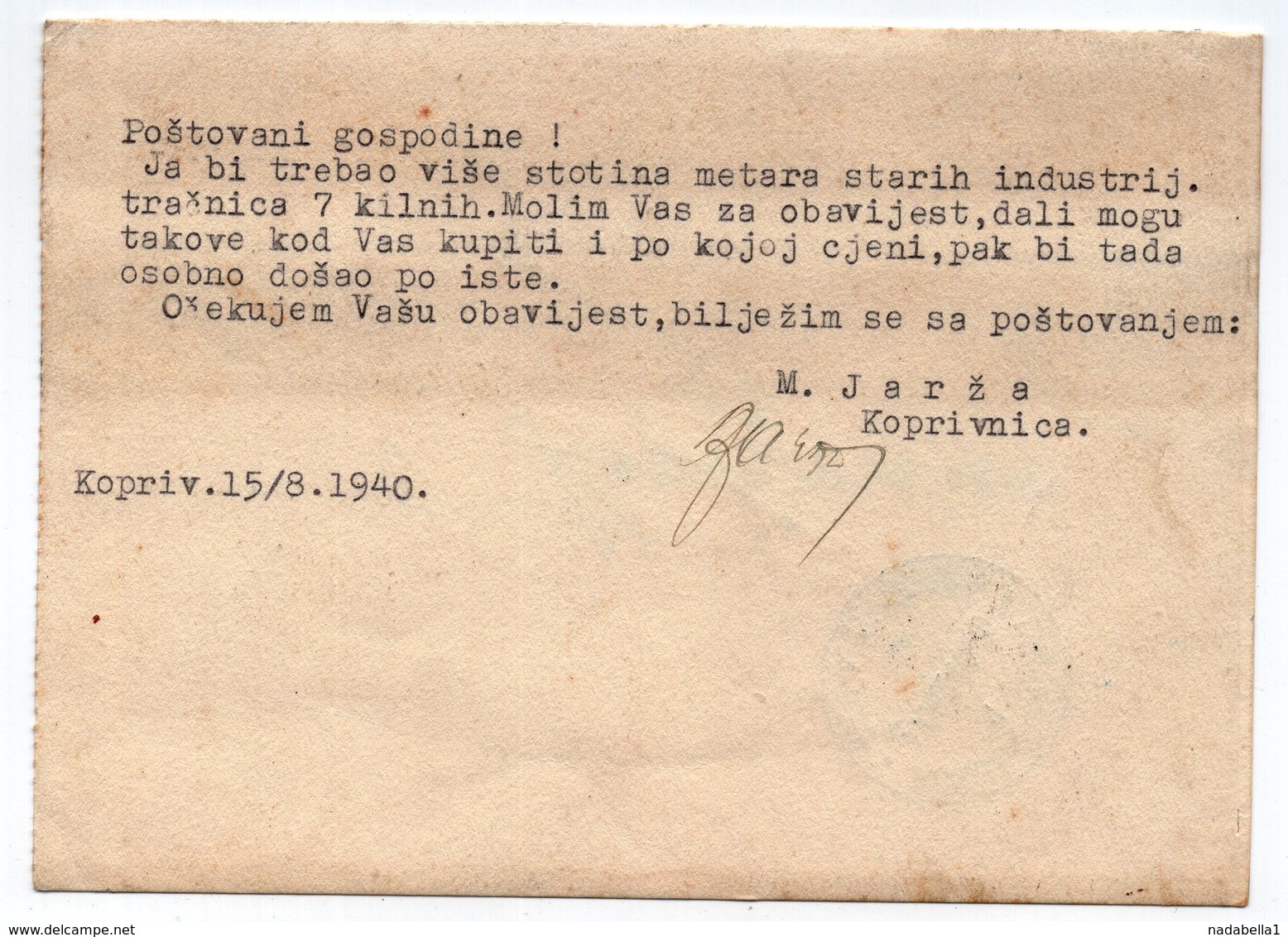 1940 YUGOSLAVIA, CROATIA, KOPRIVNICA TO DONJA DUBRAVA, CORRESPONDENCE CARD - Covers & Documents