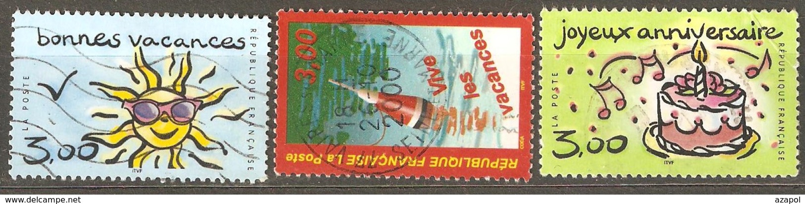 France: Full Set Of 3 Used Stamps, Greetings, 1999, Mi#3383-3385 - Usados