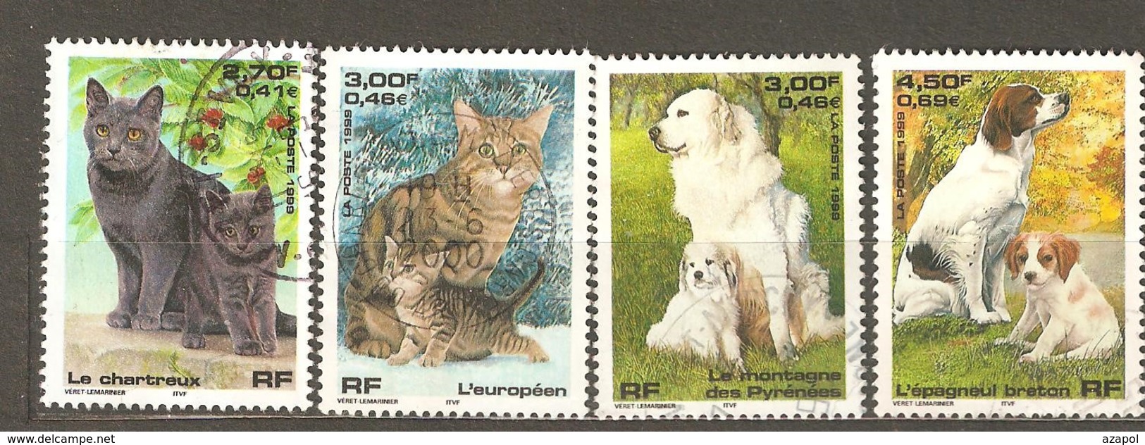 France: Full Set Of 4 Used Stamps, Cats And Dogs, 1999, Mi#3424-3427 - Usados