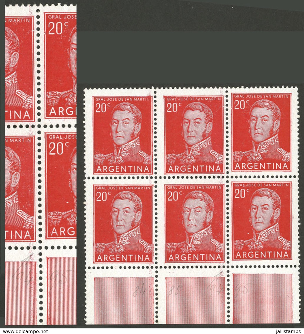 ARGENTINA: GJ.1034, 20c. San Martín On Chalky Paper, Block Of 6 Showing An Interesting Impression Of 2 Stamps Very Misal - Nuovi