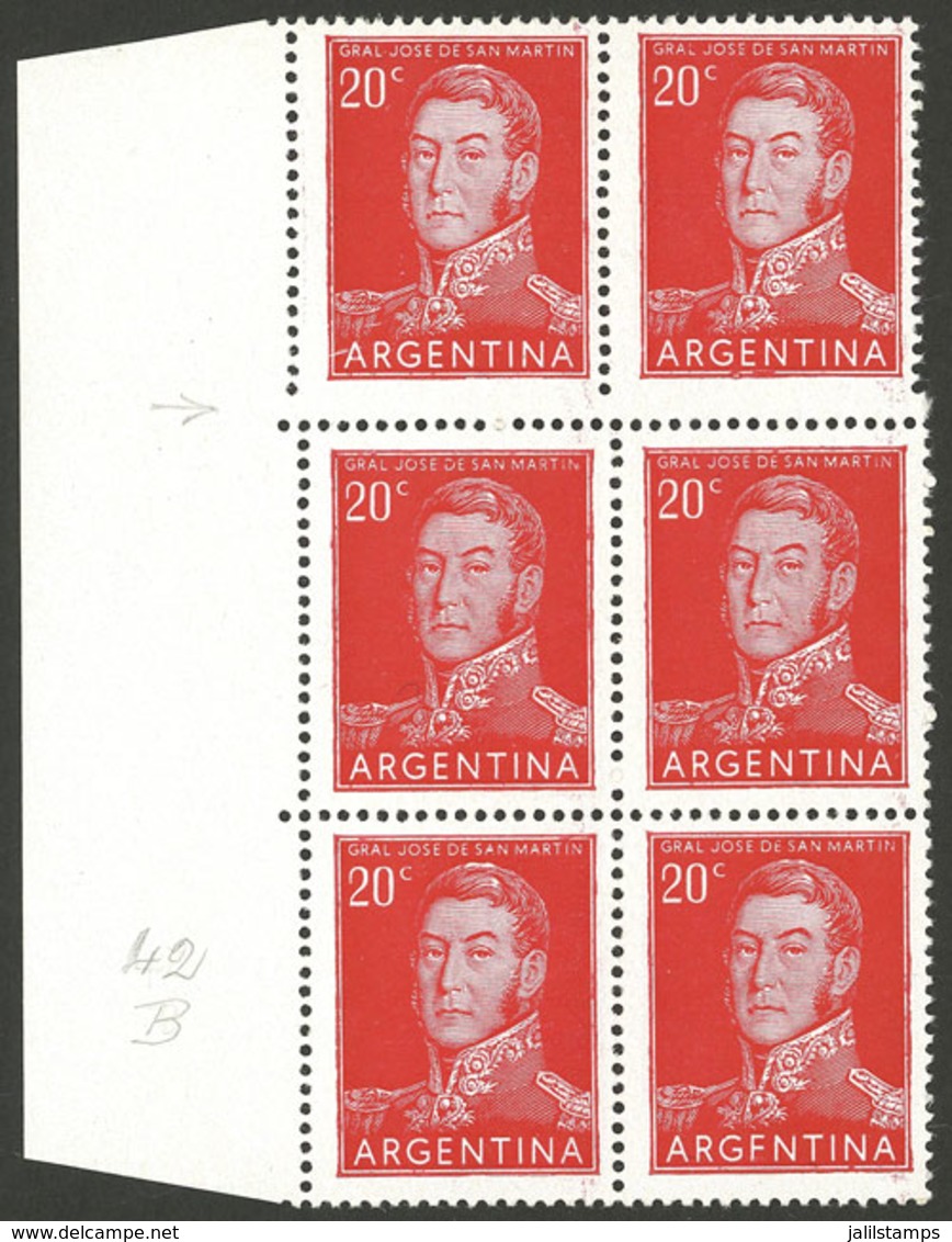 ARGENTINA: GJ.1034, 20c. San Martín, Block Of 6 With STEPPED PERFORATION Variety At Top, Also The Bottom Right Stamp Wit - Ongebruikt