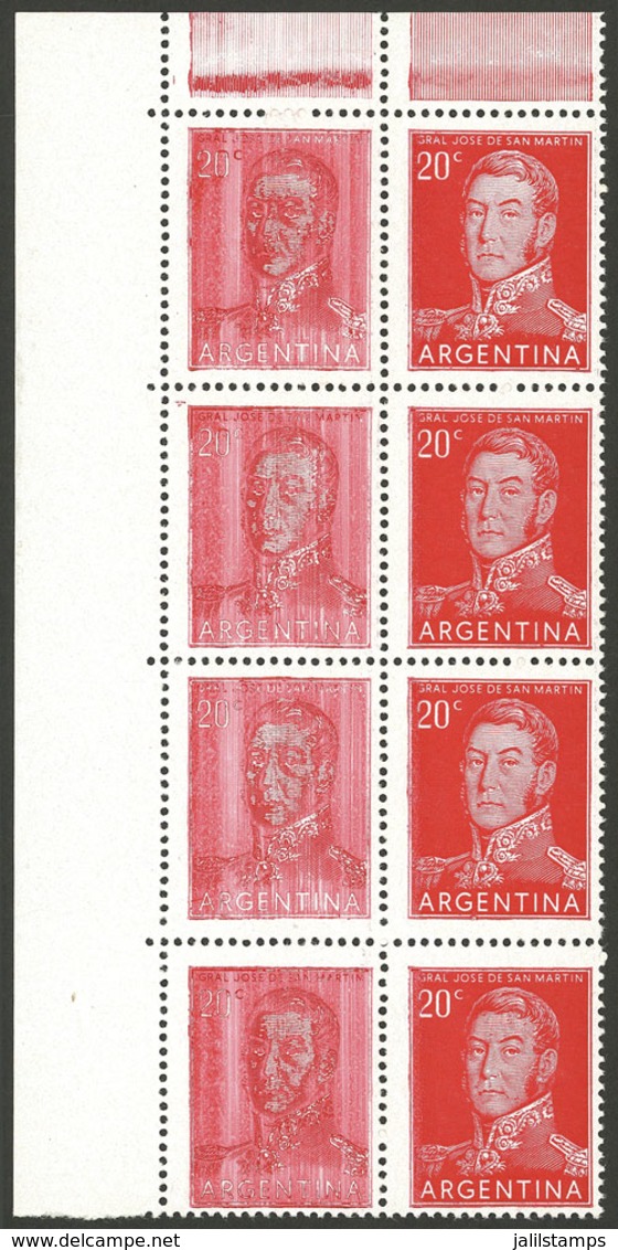ARGENTINA: GJ.1034b, Corner Block Of 8, The Left Stamps With VERY DEFECTIVE IMPRESSION, Excellent Quality, Fantastic! - Neufs