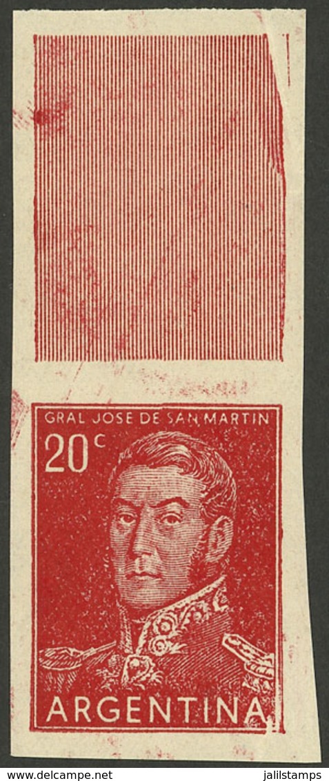 ARGENTINA: GJ.1035CA, 20c. San Martín Printed On Unsurfaced Paper, With Label At Top And IMPERFORATE, Very Rare, VF Qual - Unused Stamps