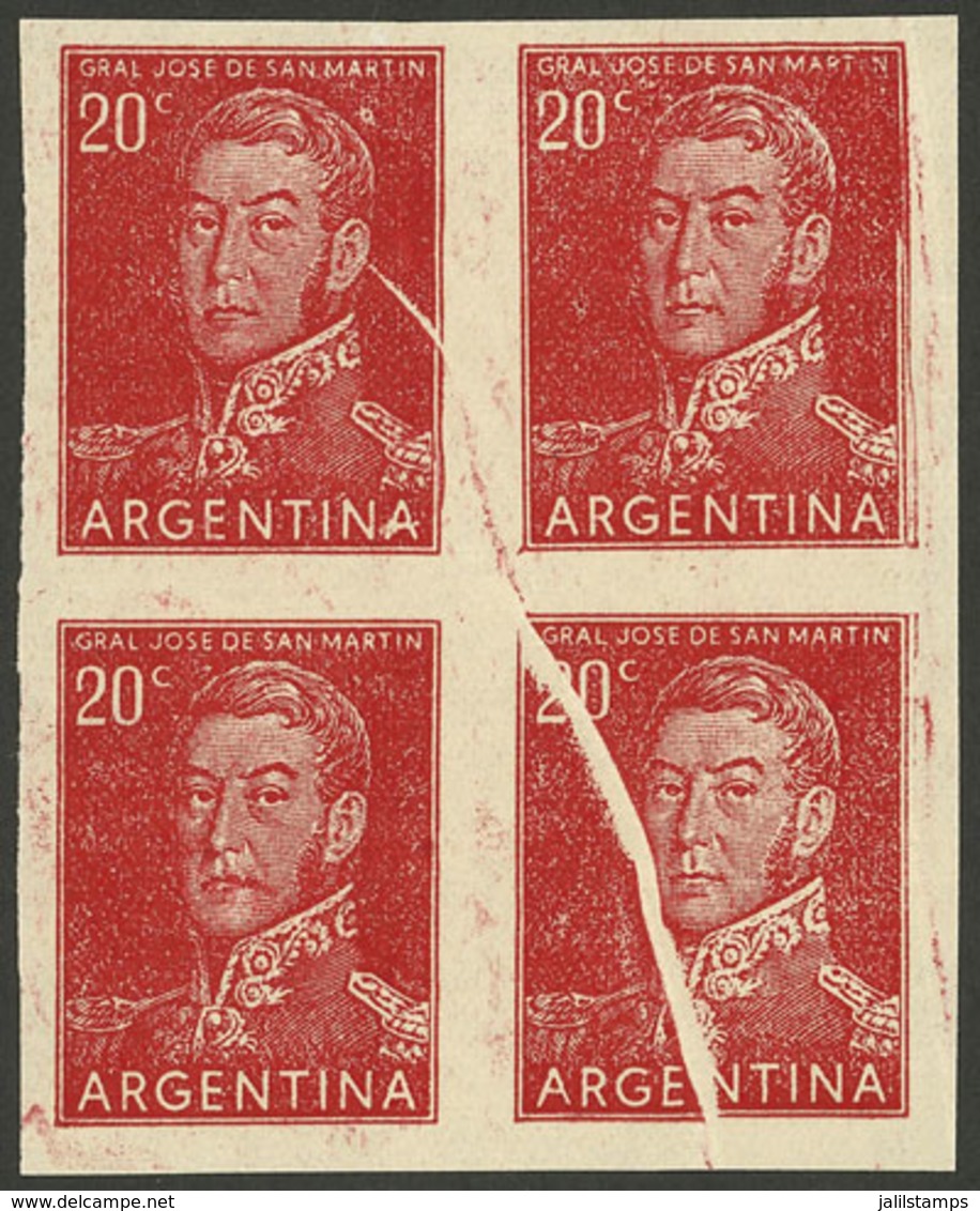 ARGENTINA: GJ.1035P, IMPERFORATE Block Of 4, Also With Notable Paper Fold, Very Fine Quality! - Unused Stamps