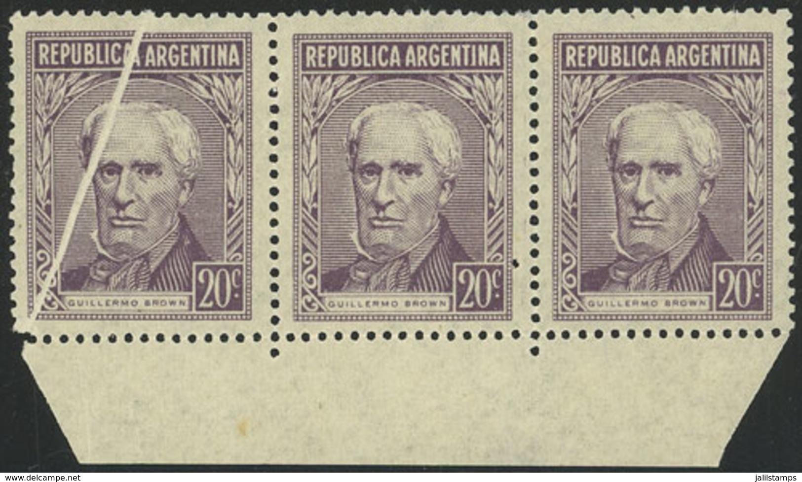 ARGENTINA: GJ.1037d, 20c. Brown, Strip Of 3 On Gaufre Paper (papel Gofrado), The Left Example With Notable PAPER FOLD, V - Neufs
