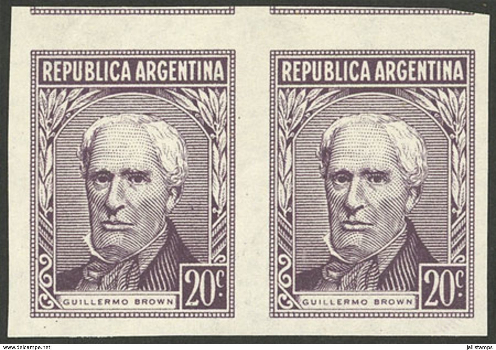 ARGENTINA: GJ.1037P, 20c. Brown, IMPERFORATE PAIR, Excellent Quality! - Ongebruikt