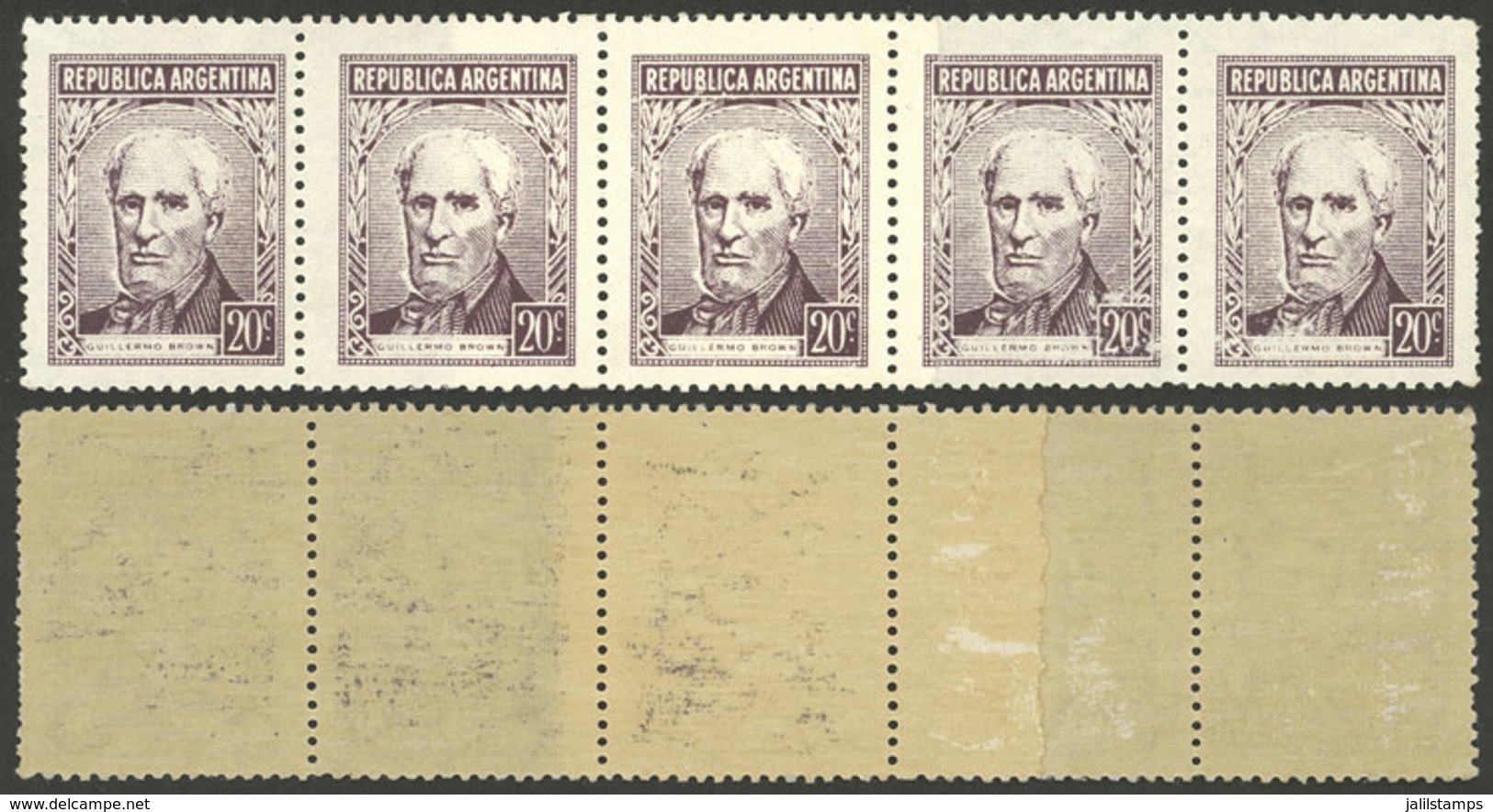 ARGENTINA: GJ.1038, Strip Of 5 With END-OF-ROLL DOUBLE PAPER Variety, VF Quality! - Nuovi