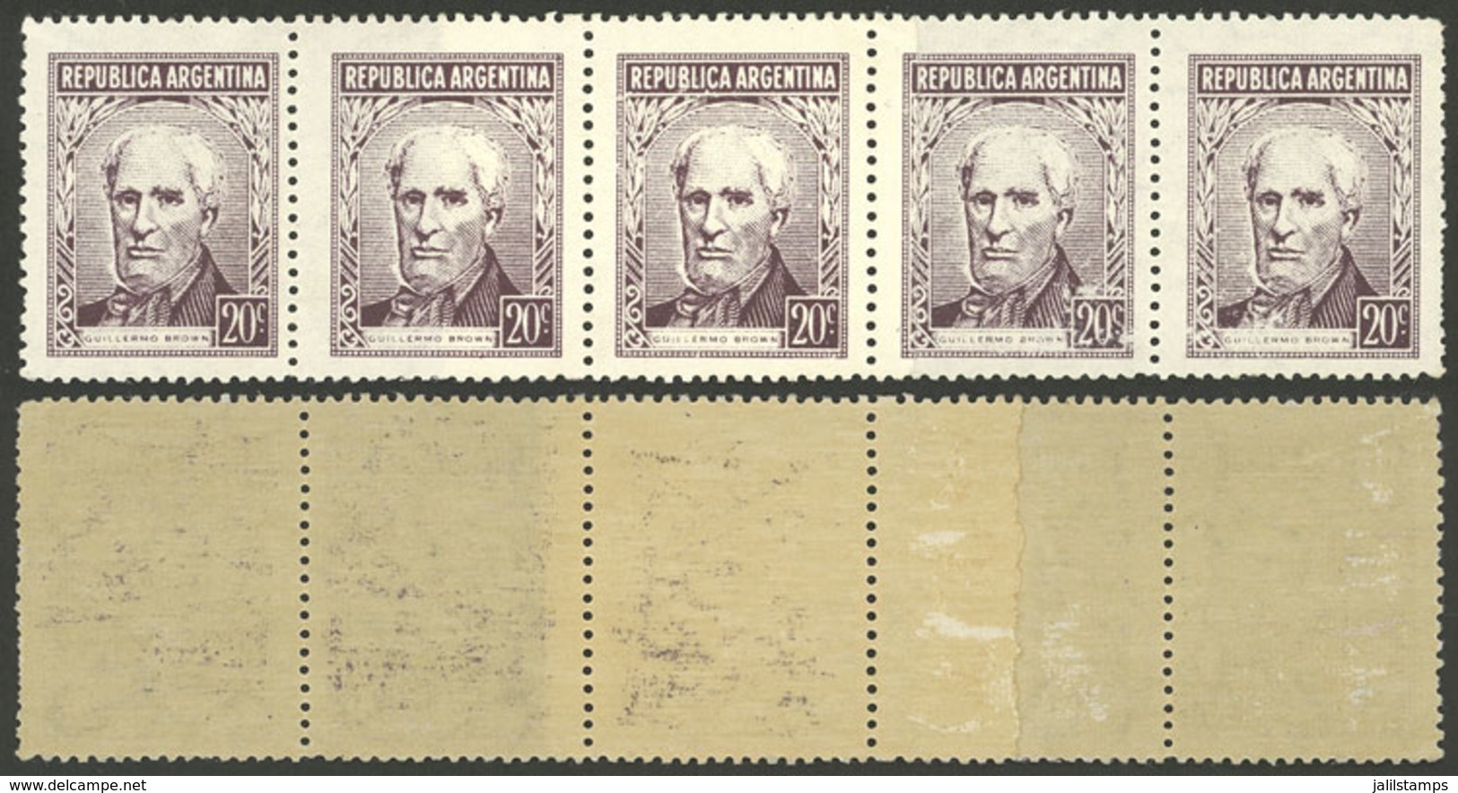 ARGENTINA: GJ.1038, Strip Of 5 With END-OF-ROLL DOUBLE PAPER Variety, VF Quality! - Unused Stamps