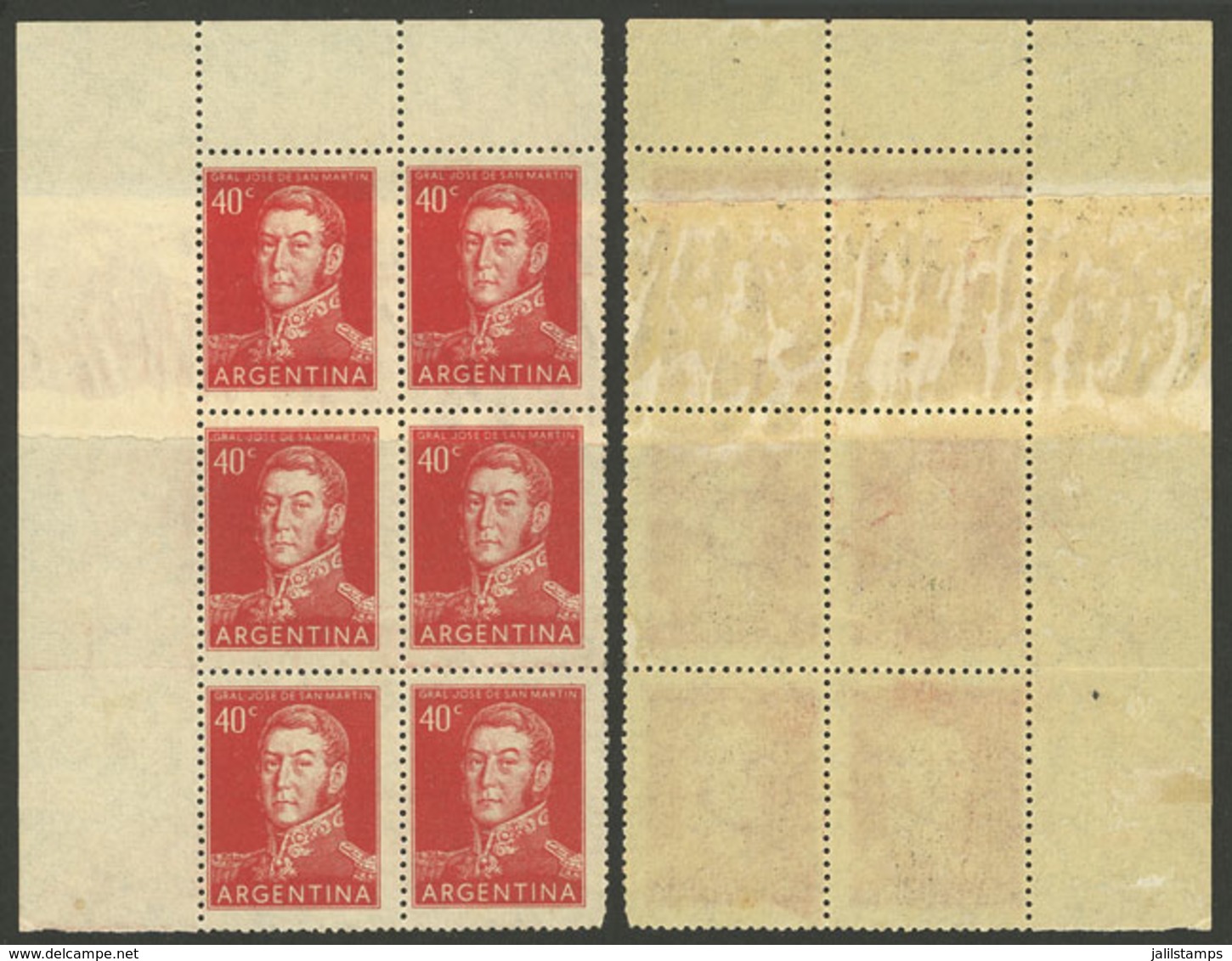 ARGENTINA: GJ.1041, Block Of 6 With END-OF-ROLL DOUBLE PAPER Var., VF Quality! - Nuovi