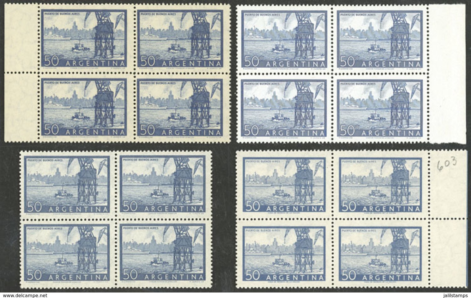 ARGENTINA: GJ.1042 + 1042A + 1042B + 1043, 50c. Port Of Buenos Aires, Blocks Of 4 On Chalky Paper, Imported Unsurfaced P - Unused Stamps