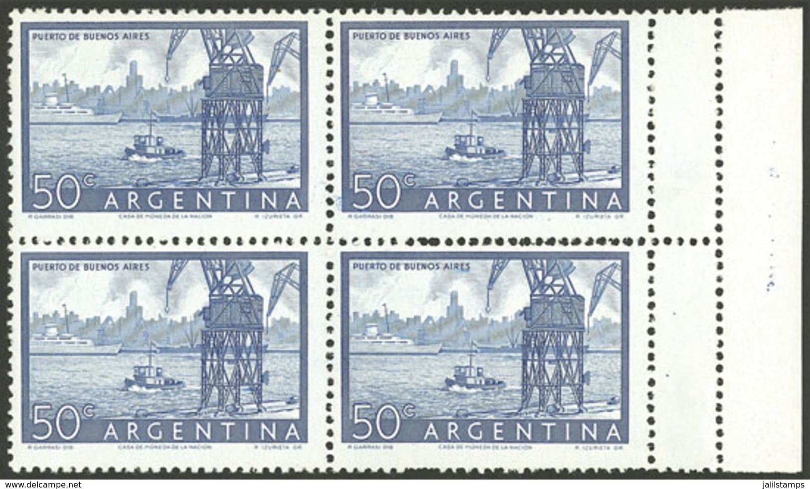ARGENTINA: GJ.1042, 50c. Port Of Buenos Aires, Block Of 4 With DOUBLE PERFORATION At Right, Creating 2 Small Labels, VF  - Ungebraucht