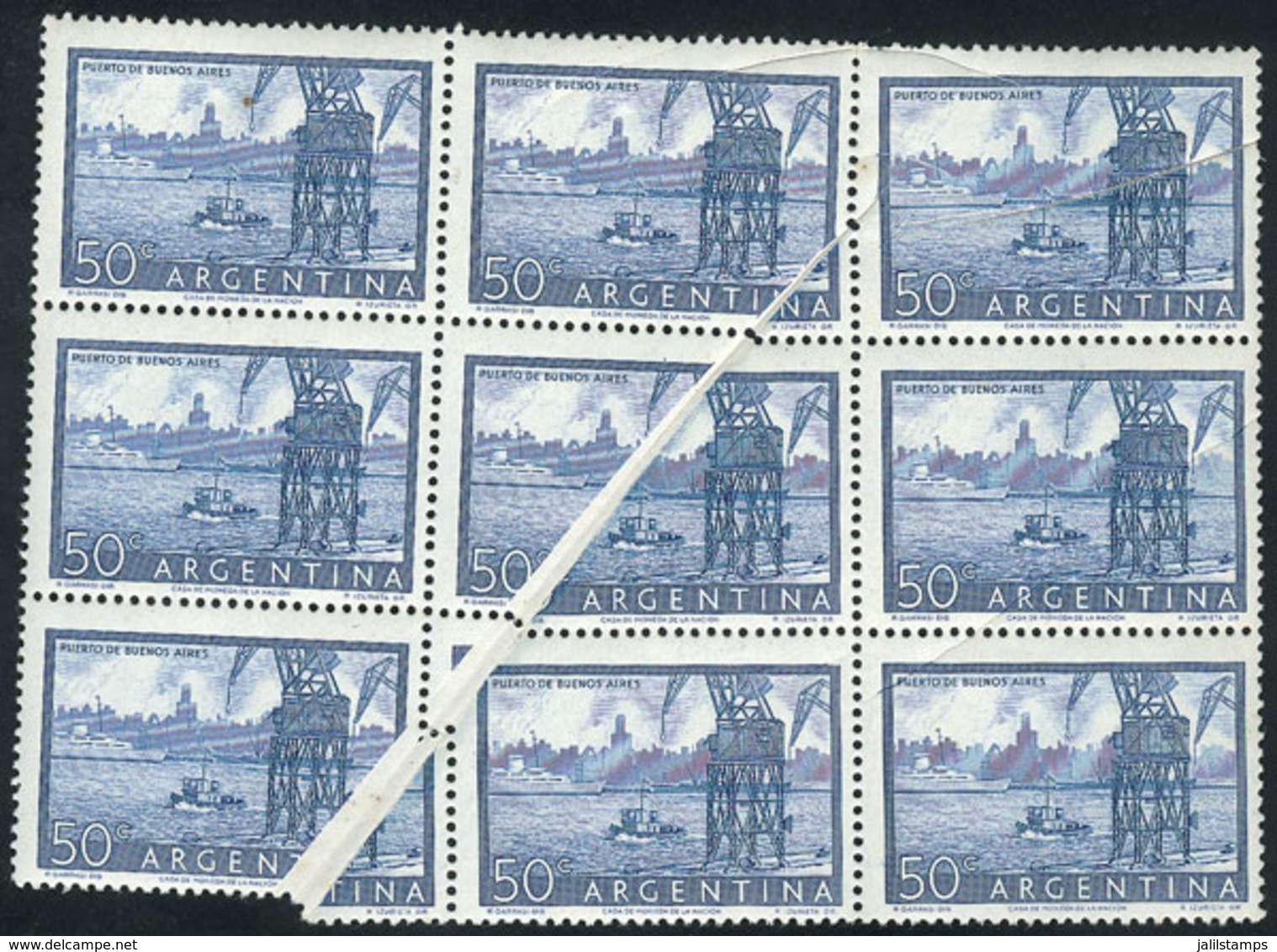 ARGENTINA: GJ.1042, 50c. Port Of Buenos Aires, Block Of 9 With Spectacular PAPER FOLD Affecting 5 Stamps, With Some Mino - Ongebruikt