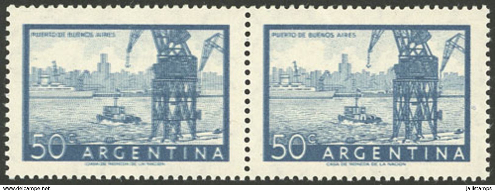 ARGENTINA: GJ.1043a, 50c. Port Of Buenos Aires (small Size), Pair With DOUBLE IMPRESSION Variety, VF Quality, Rare! - Ongebruikt