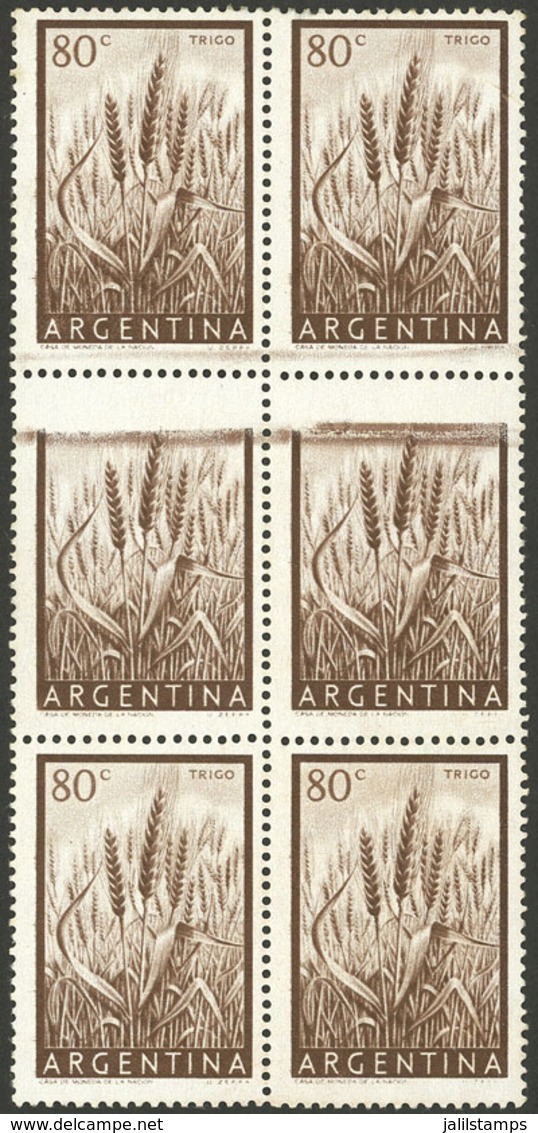 ARGENTINA: GJ.1044, 80c. Wheat Printed On Chalky Paper, Block Of 6, The Central Stamps Partially Unprinted (without Face - Neufs