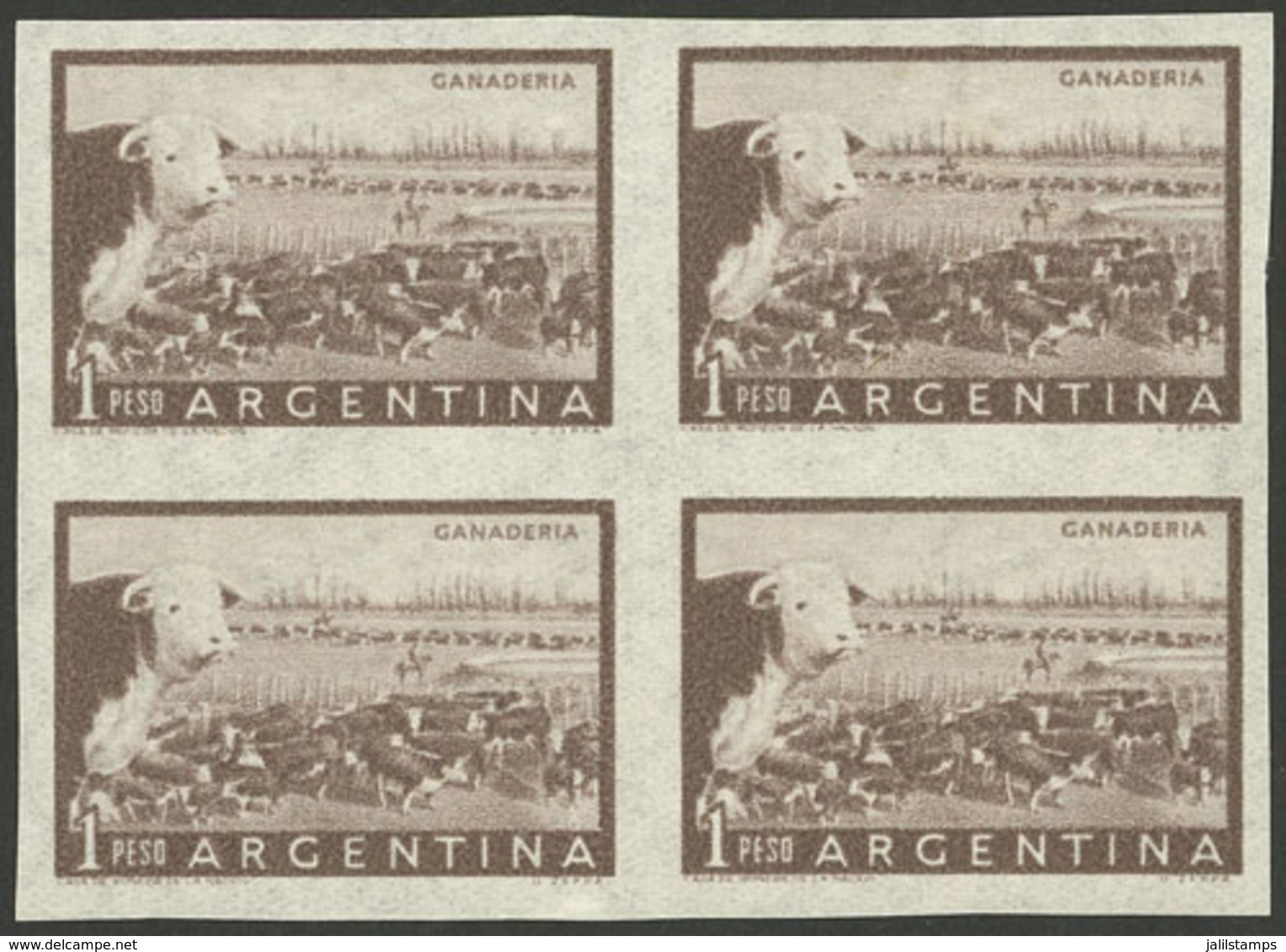 ARGENTINA: GJ.1045P, 1P. Cattle In IMPERFORATE BLOCK OF 4, VF! - Unused Stamps