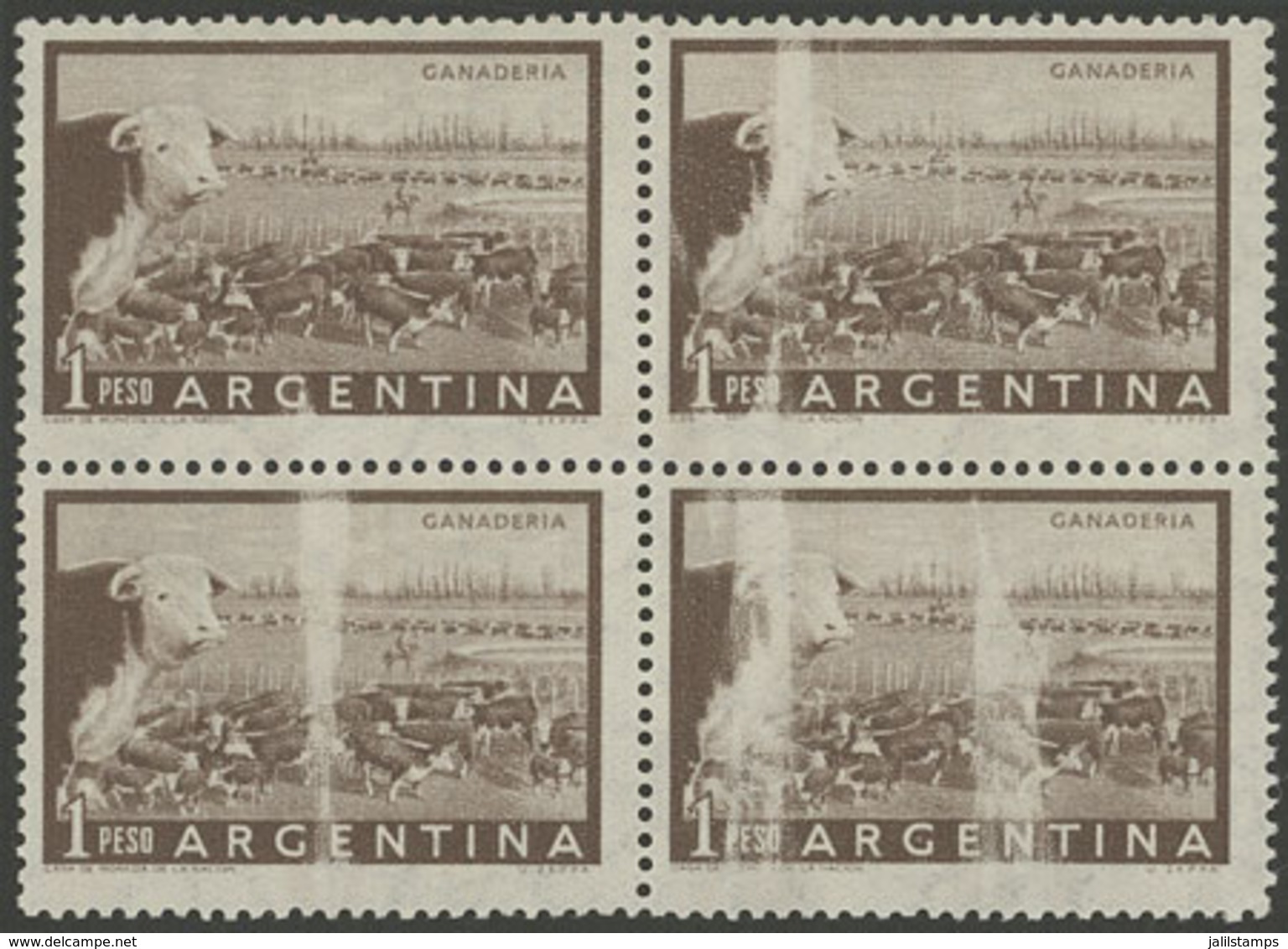 ARGENTINA: GJ.1045, 1P. Cattle, Block Of 4 With Notable White Spots Produced By Lack Of Ink During The Printing Process, - Ungebraucht