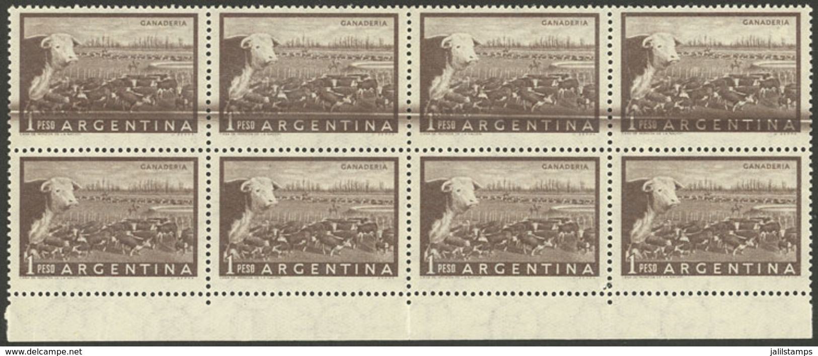 ARGENTINA: GJ.1045, 1P. Cattle, Block Of 8, The Top Stamps With THICK LINES Horizontally, VF! - Ungebraucht