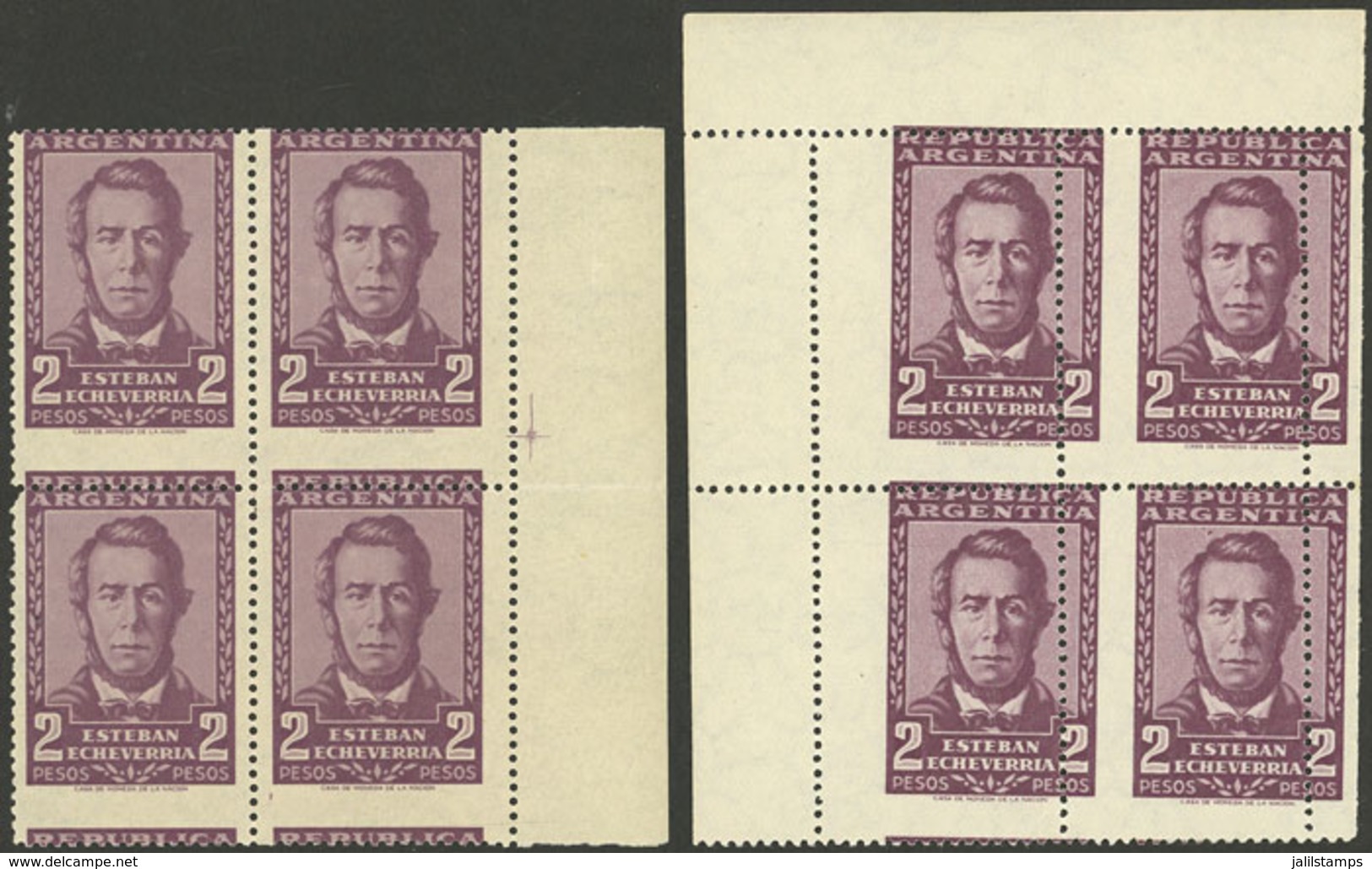 ARGENTINA: GJ.1048, 2P. Echeverría, Blocks Of 4 With Perforations Very Shifted Vertically (MNH) And Horizontally (withou - Neufs
