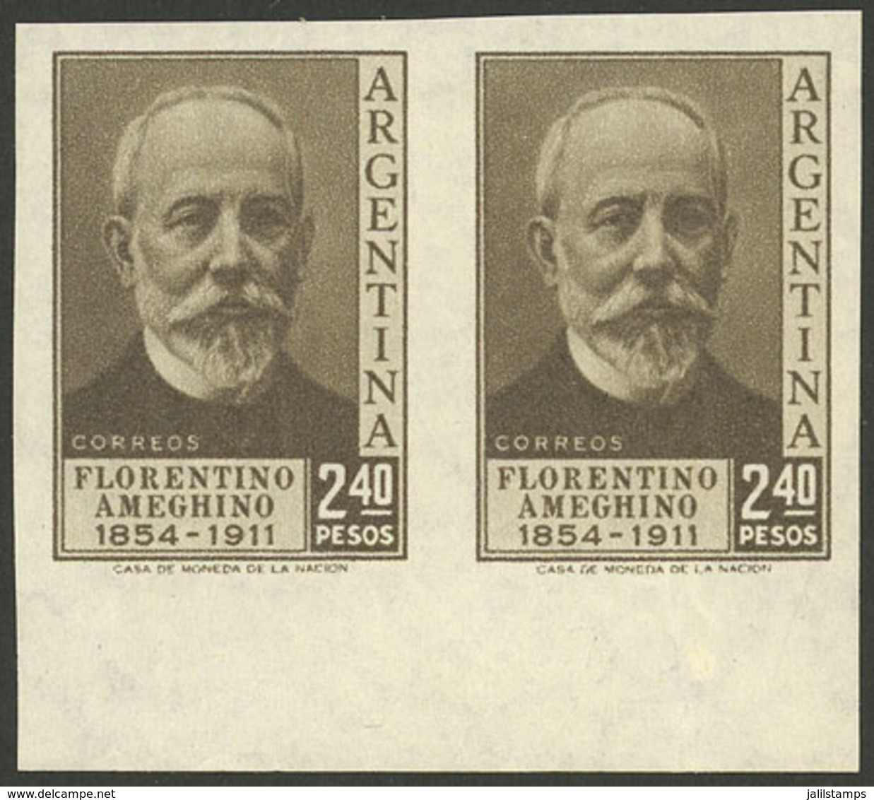 ARGENTINA: GJ.1049P, 2.40P. F.Ameghino, IMPERFORATE PAIR, VF Quality! - Unused Stamps