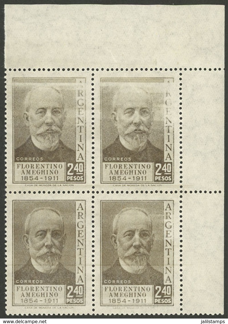 ARGENTINA: GJ.1049, 2.40P. F.Ameghino, Corner Block Of 4 With Variety: FAINT IMPRESSION Due To Lack Of Ink, VF Quality! - Ungebraucht