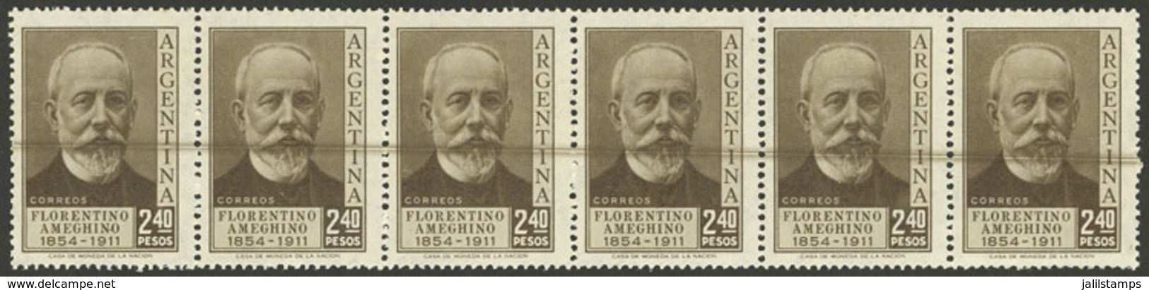 ARGENTINA: GJ.1049, 2.40P. F.Ameghino, Strip Of 6 With Thick Horizontal Lines Across The Stamps, VF Quality! - Ungebraucht