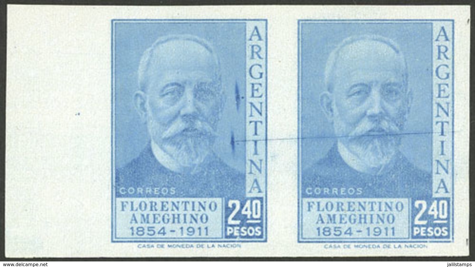 ARGENTINA: GJ.1049, 2.40P. F.Ameghino, Imperforate Pair On Chalky Paper, Proof In Light Blue, VF And Rare! - Ungebraucht