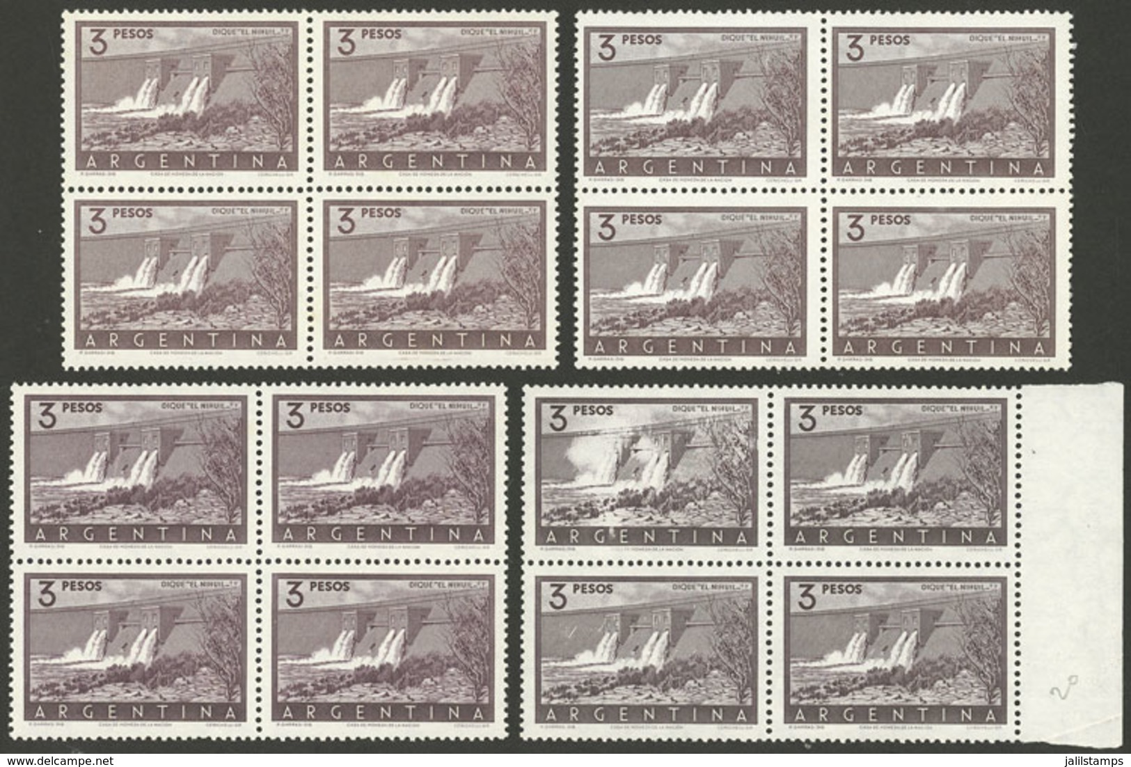 ARGENTINA: GJ.1050 + 1050A, 3P. El Nihuil Dam, 2 Blocks Of 4 On Each Paper (chalky Or Glazed), And In Each Case, In Ches - Ungebraucht