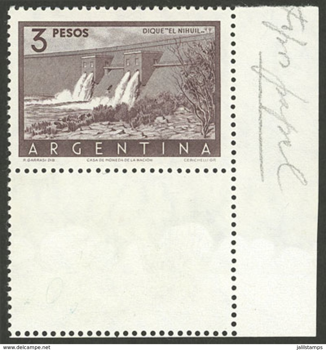 ARGENTINA: GJ.1050CJ, 3P. El Nihuil Dam WITH LABEL BELOW, VF Quality! - Unused Stamps