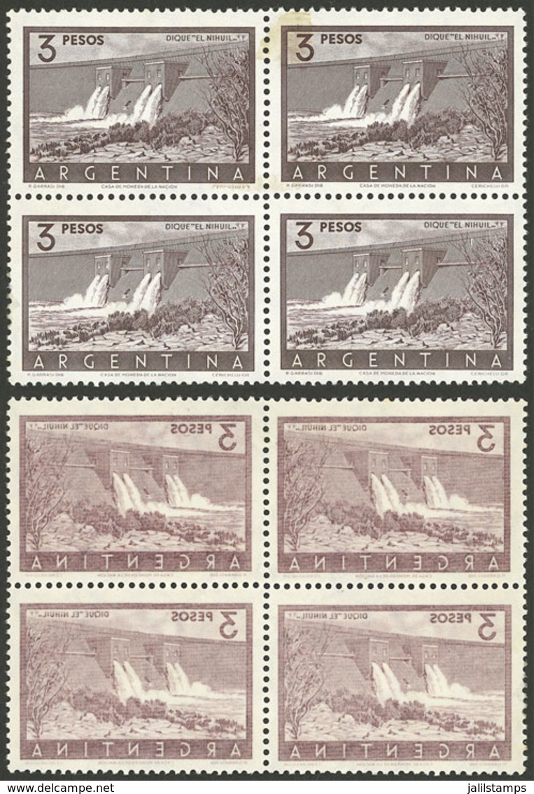 ARGENTINA: GJ.1050, 3P. El Nihuil Dam, Block Of 4 With STRONG OFFSET IMPRESSION ON BACK, Fantastic, VF Quality! - Ungebraucht