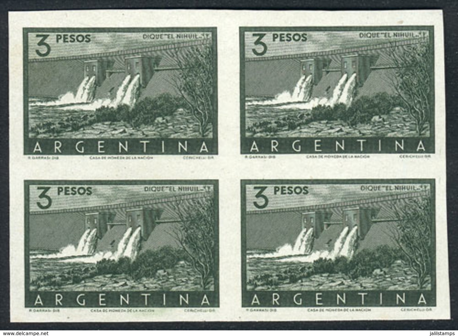 ARGENTINA: GJ.1050 (Sc.638), 3P. El Nihuil Dam, Very Rare TRIAL COLOR PROOF, Block Of 4 Of Excellent Quality! - Unused Stamps