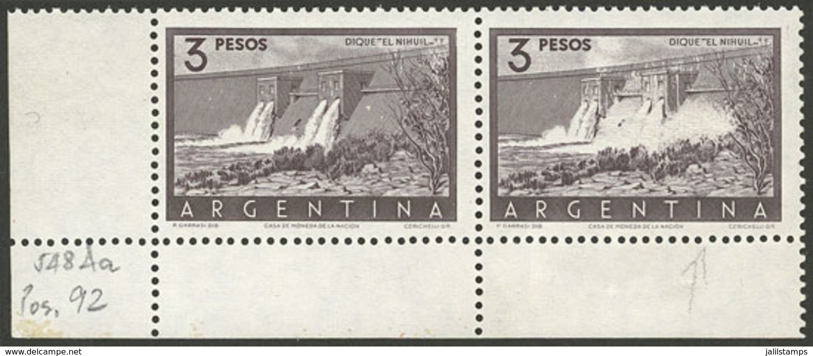 ARGENTINA: GJ.1050A, 3P. El Nihuil Dam, Pair, The Right Example With Variety "broken Dam", Very Fine Quality!" - Ungebraucht