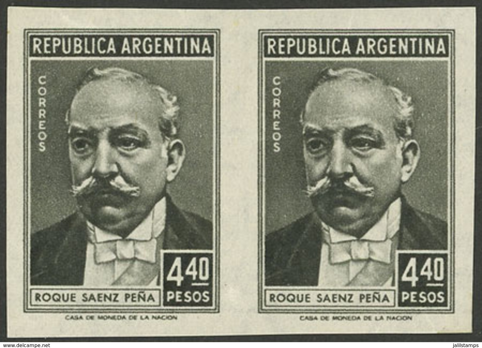 ARGENTINA: GJ.1051P, 4.40P. Saenz Peña, IMPERFORATE PAIR, VF Quality! - Unused Stamps