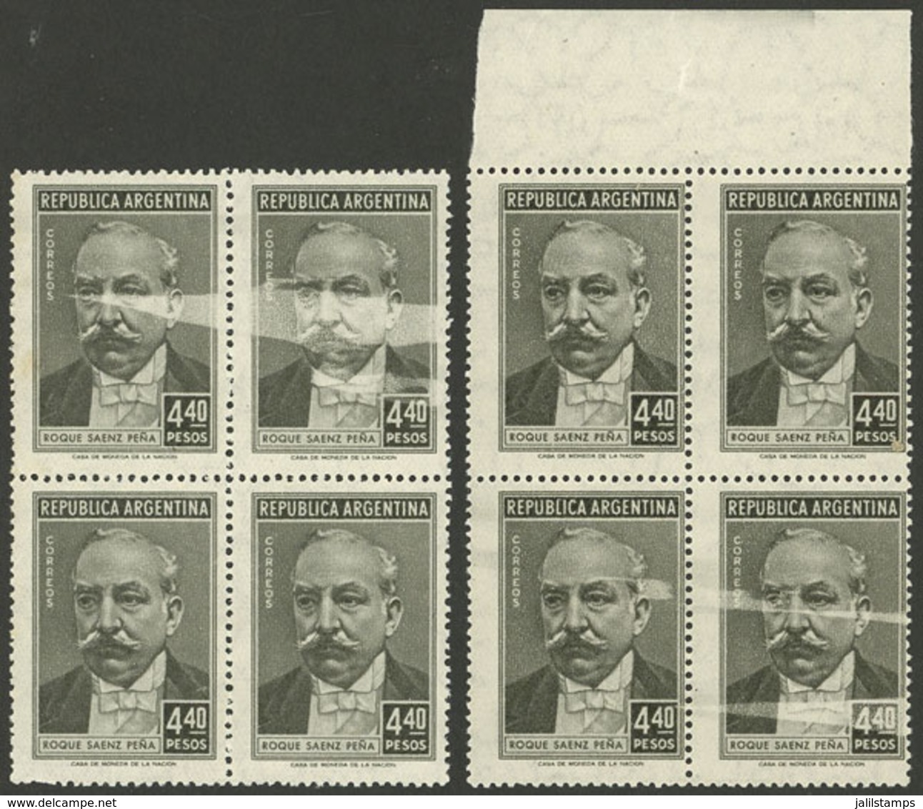 ARGENTINA: GJ.1051P, 4.40P. Saenz Peña, 2 Blocks Of 4 With Notable Spots Produced In The Printing Process, VF! - Unused Stamps