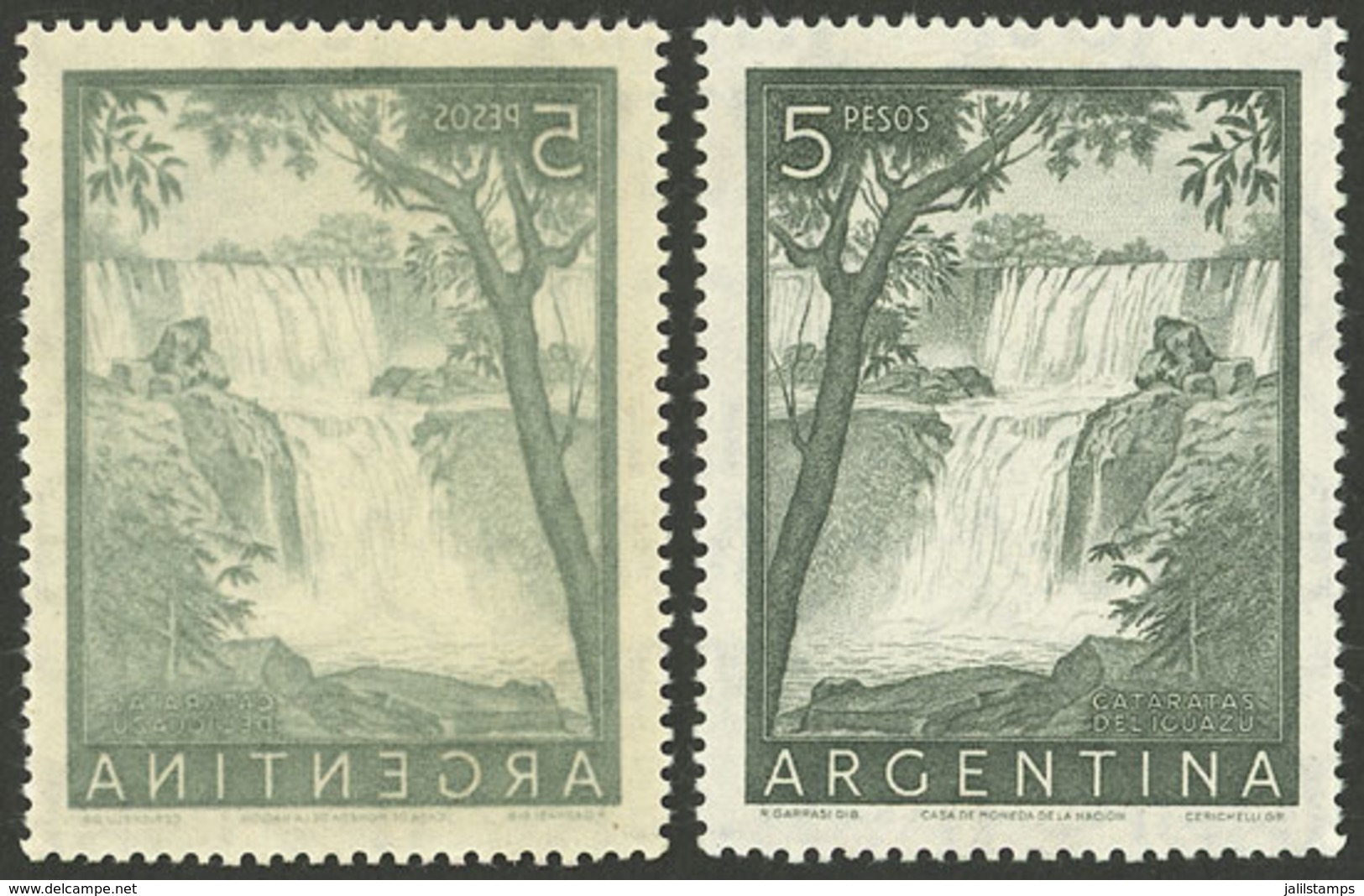 ARGENTINA: GJ.1053A, 5P. Iguazú Falls With OFFSET IMPRESSION ON BACK, Very Nice! - Ungebraucht