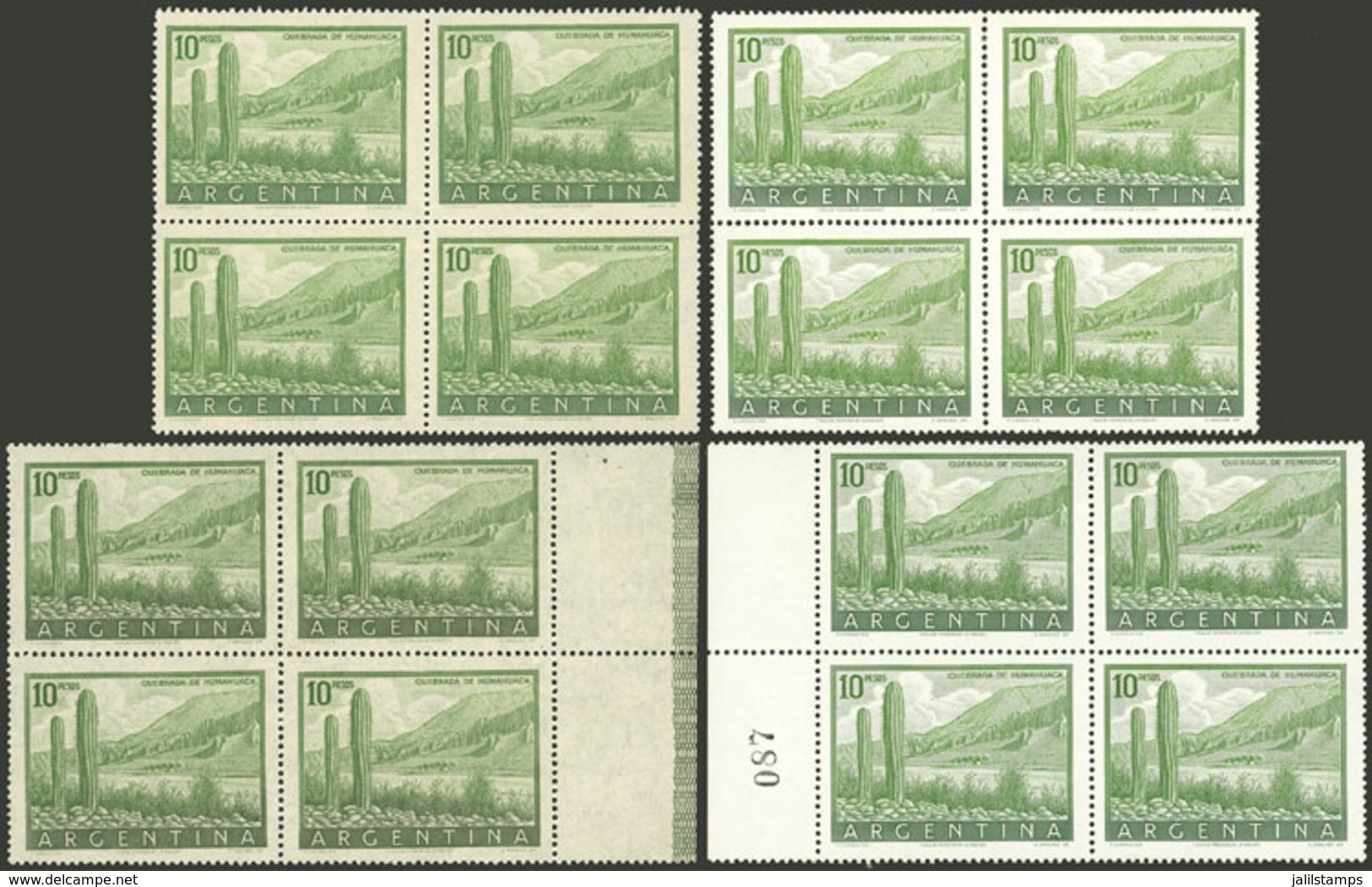 ARGENTINA: GJ.1054 + 1054A + 1054B, 10P. Humahuaca (cactus), Blocks Of 4 On Chalky Paper And National Unsurfaced Paper,  - Neufs